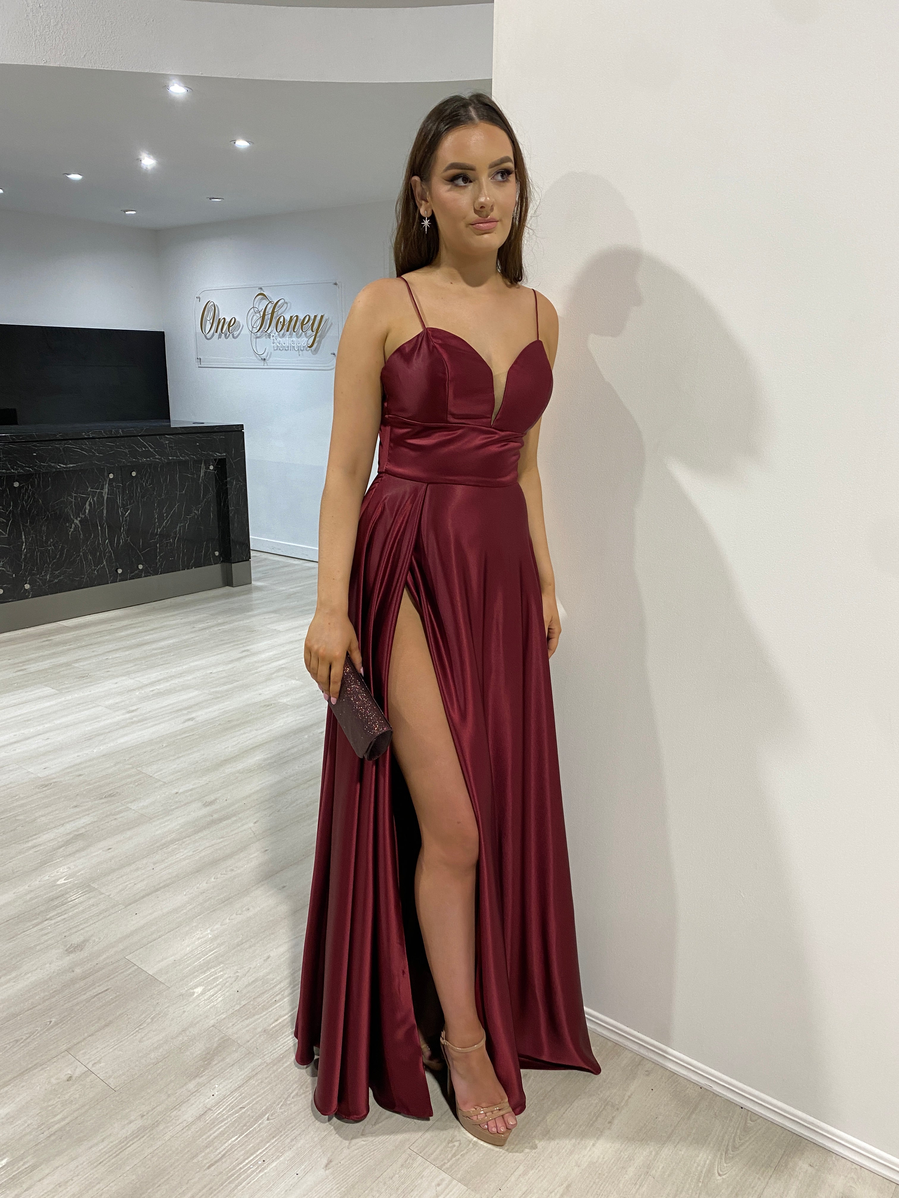 Honey Couture KAY Burgundy Silky A Line Formal Dress