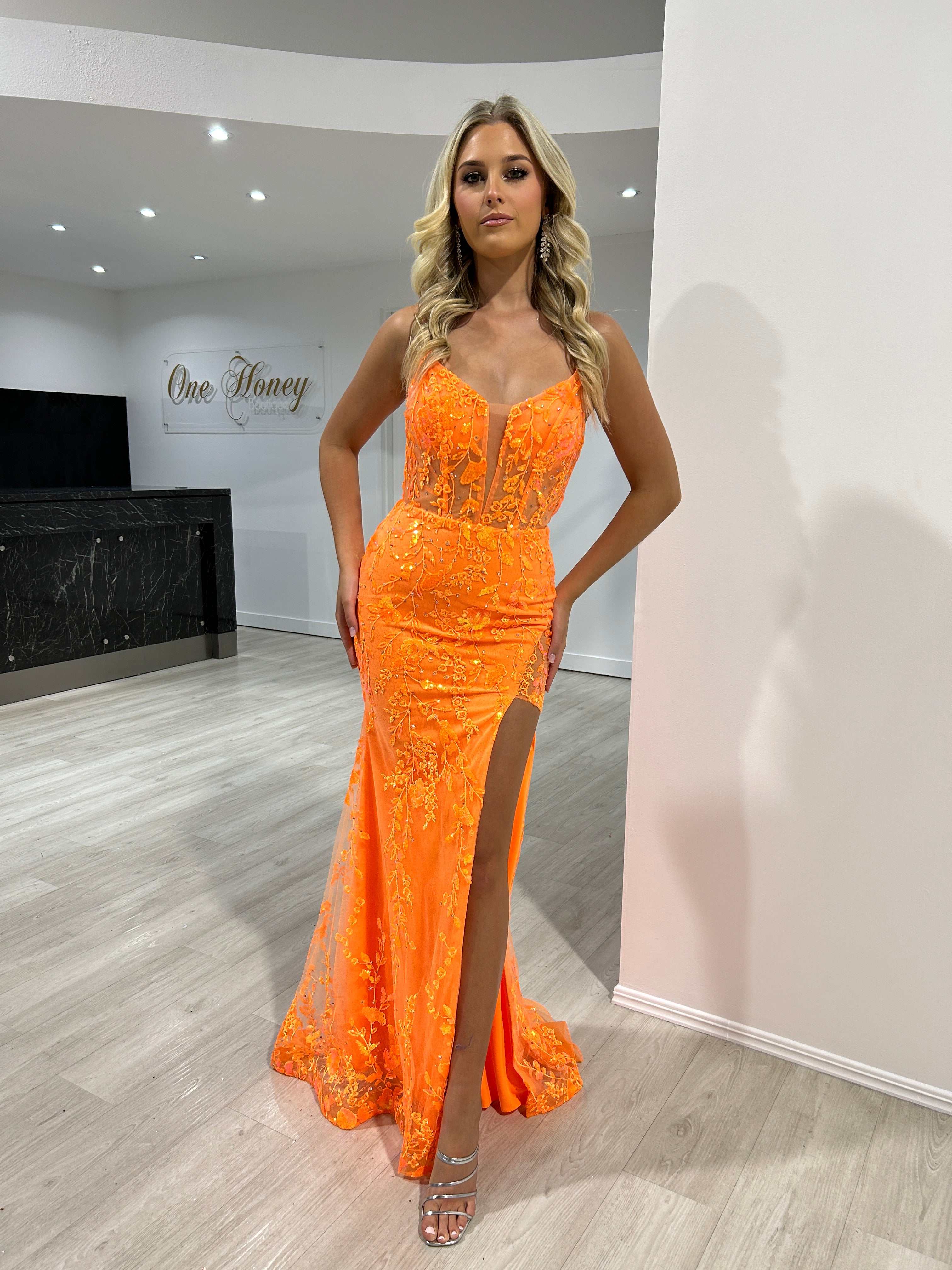Honey Couture DAKOTA Neon Orange Sequin Lace Applique Leg Split Mermaid Formal Dress