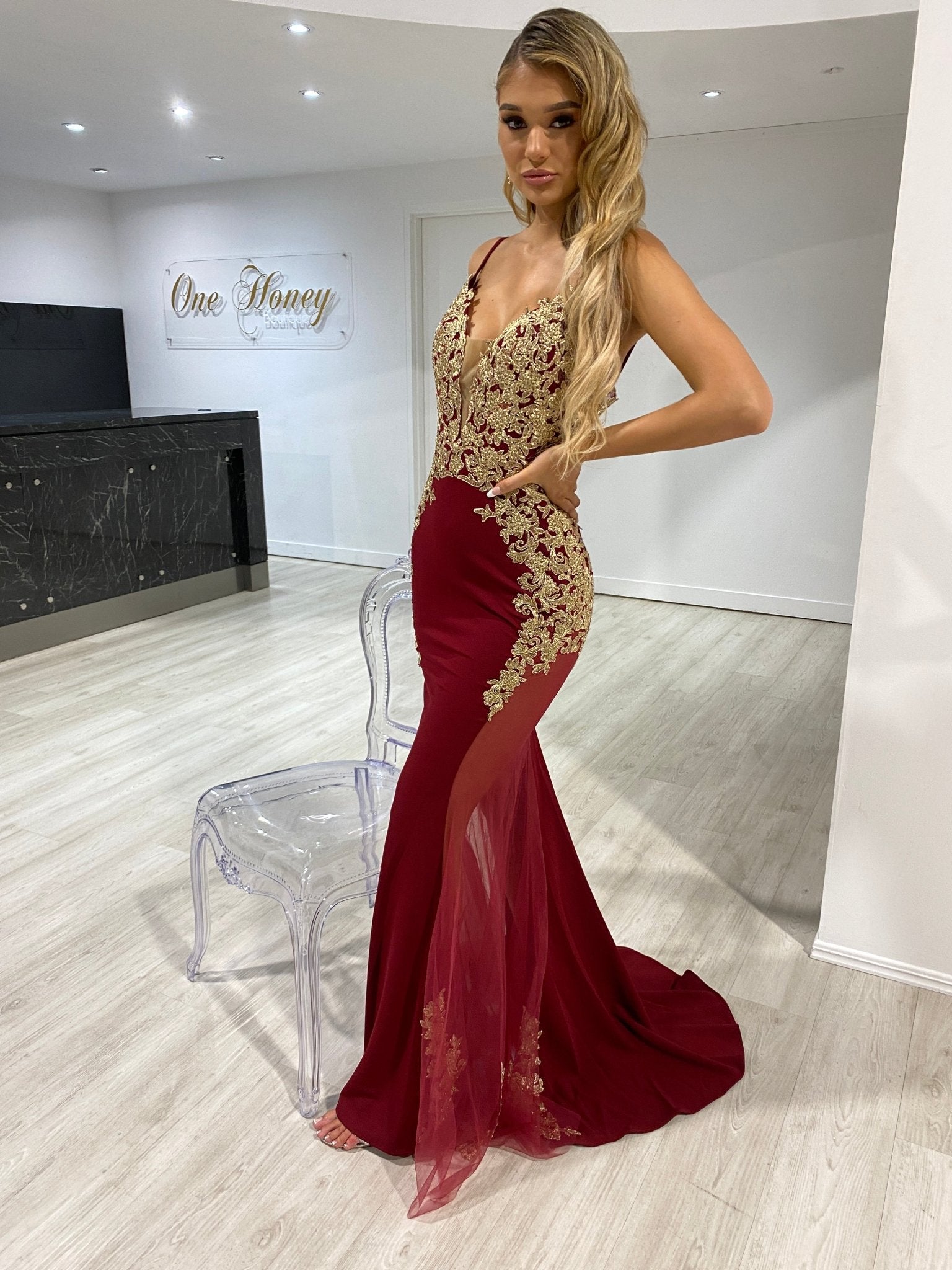 Honey Couture DIANNA Burgundy & Gold Lace Mesh Insert Mermaid Formal Dress in Australia | One Honey Boutique