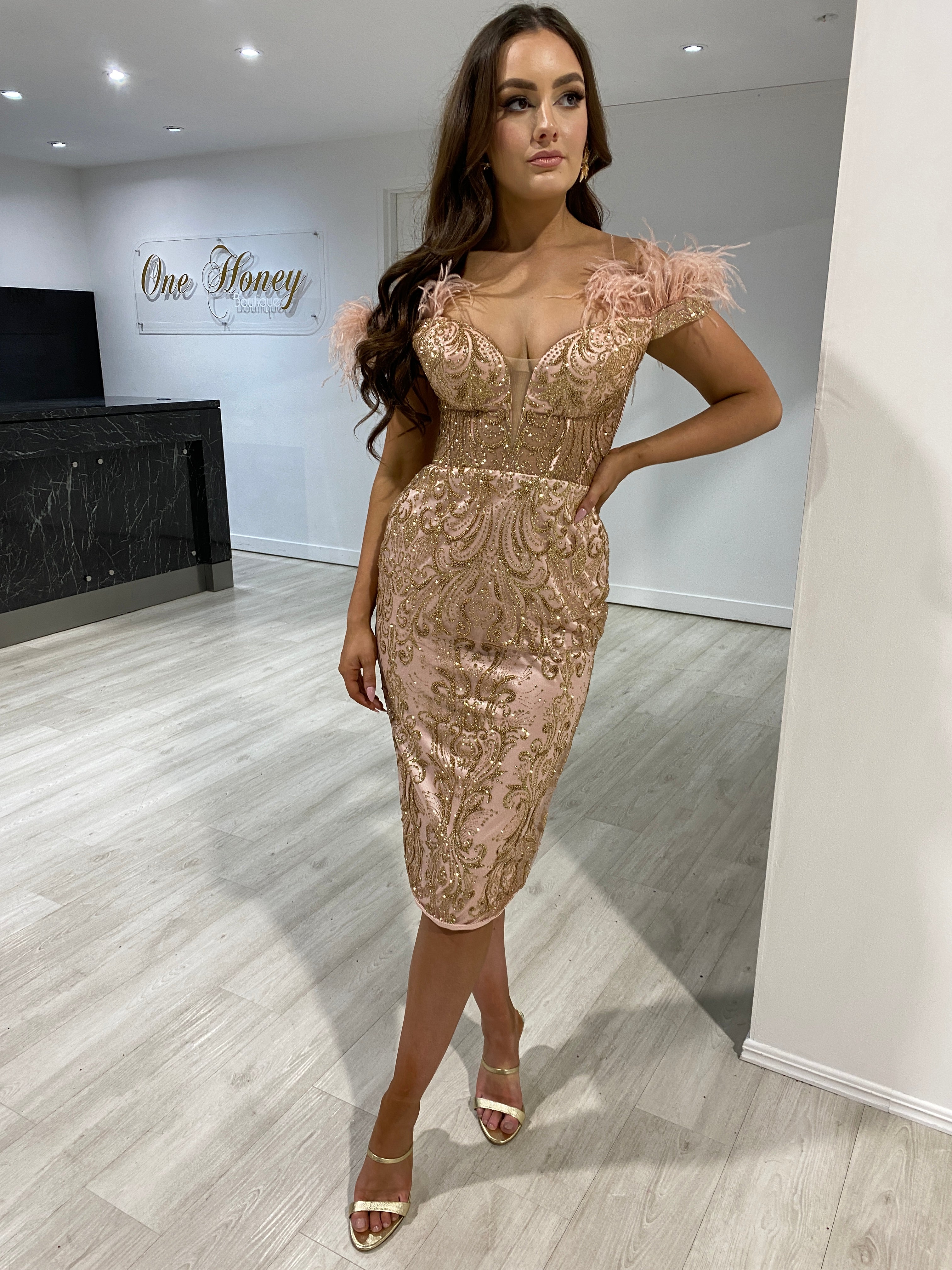 Honey Couture ENVY Rose Gold Glitter Feather Off Shoulder Midi Dress