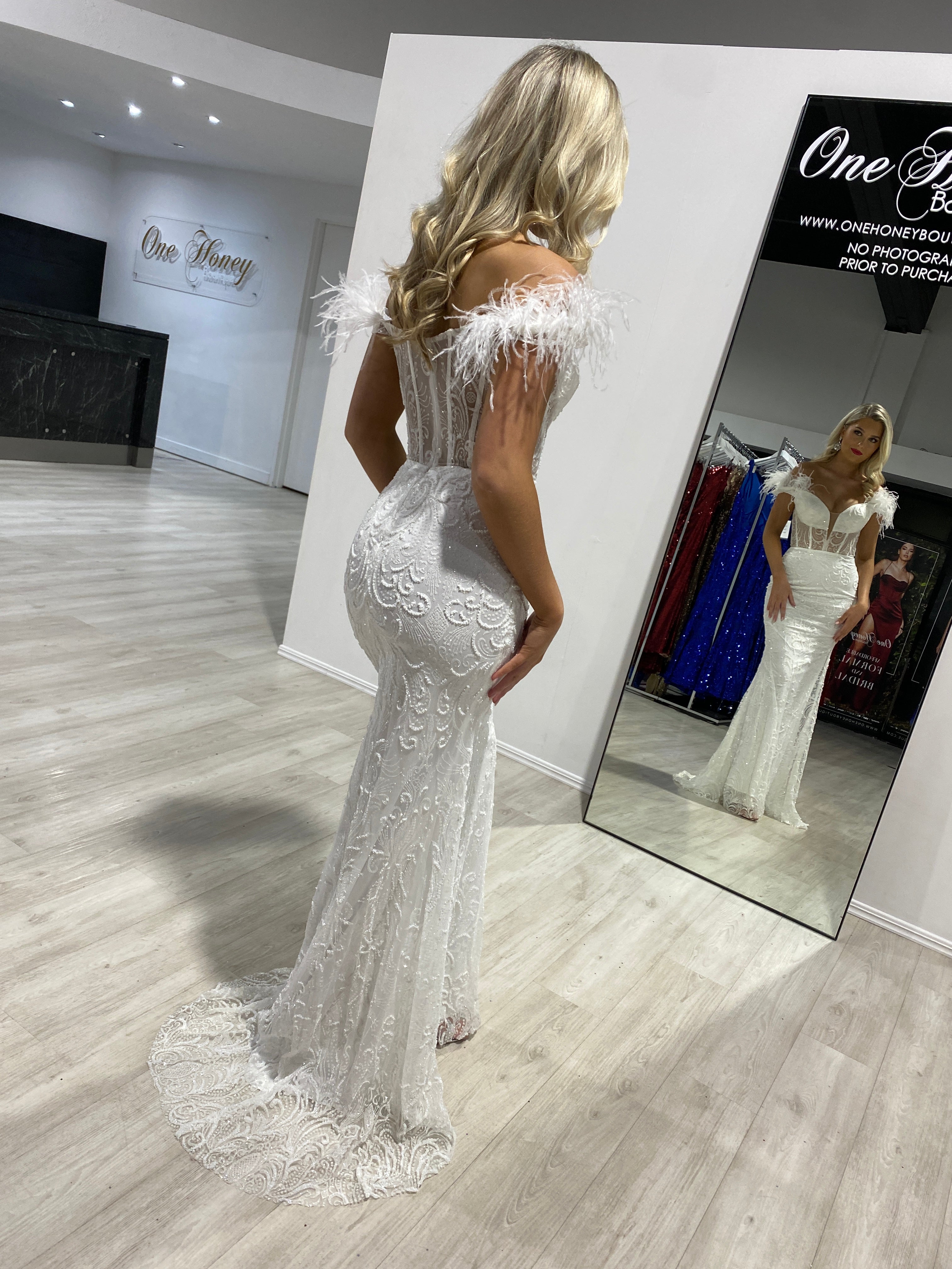 Honey Couture GOSSIP White Corset Glitter Feather Off Shoulder Bridal Dress