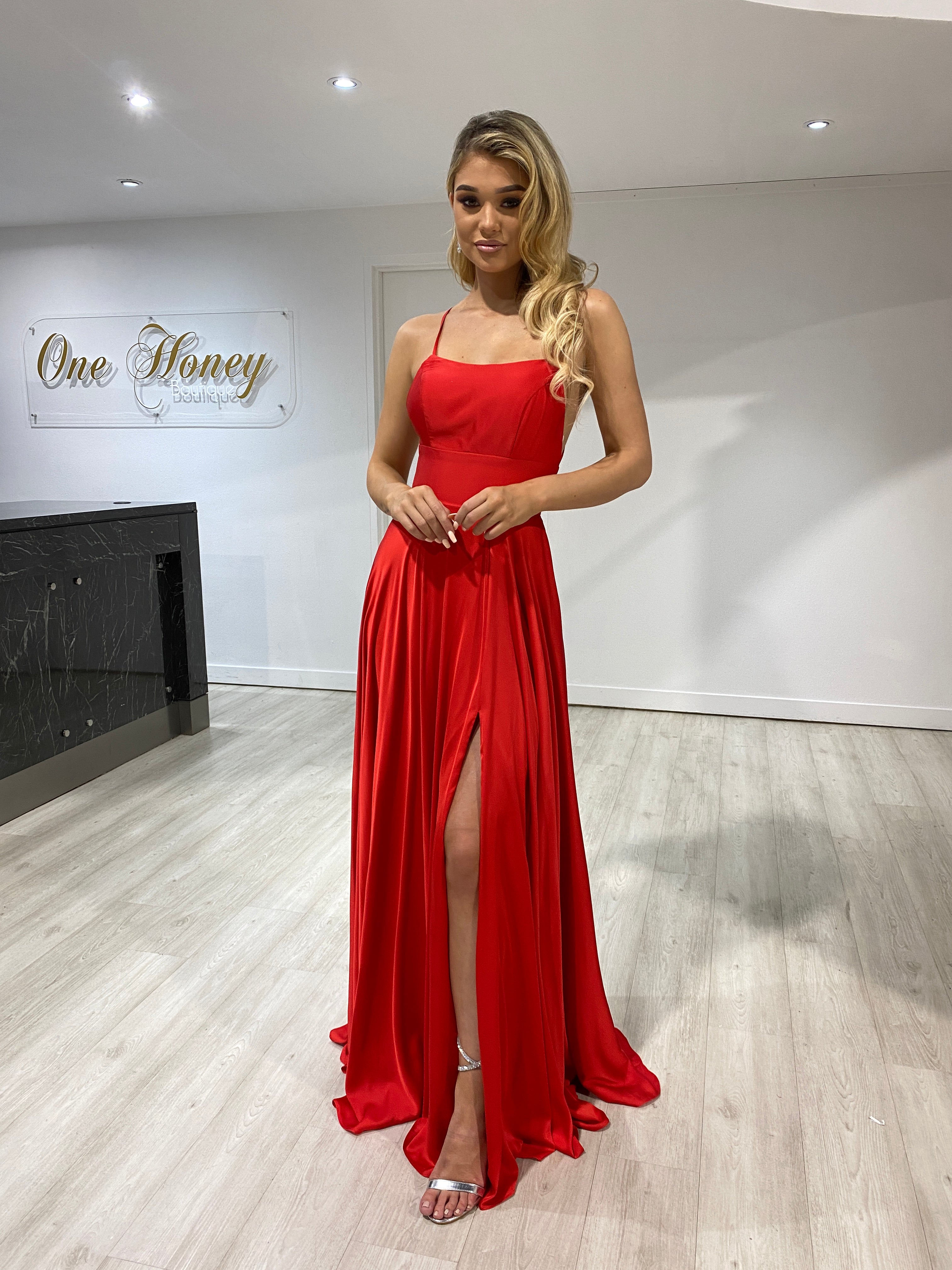 Honey Couture PERRY Red Lace Up Silky Formal Gown Dress