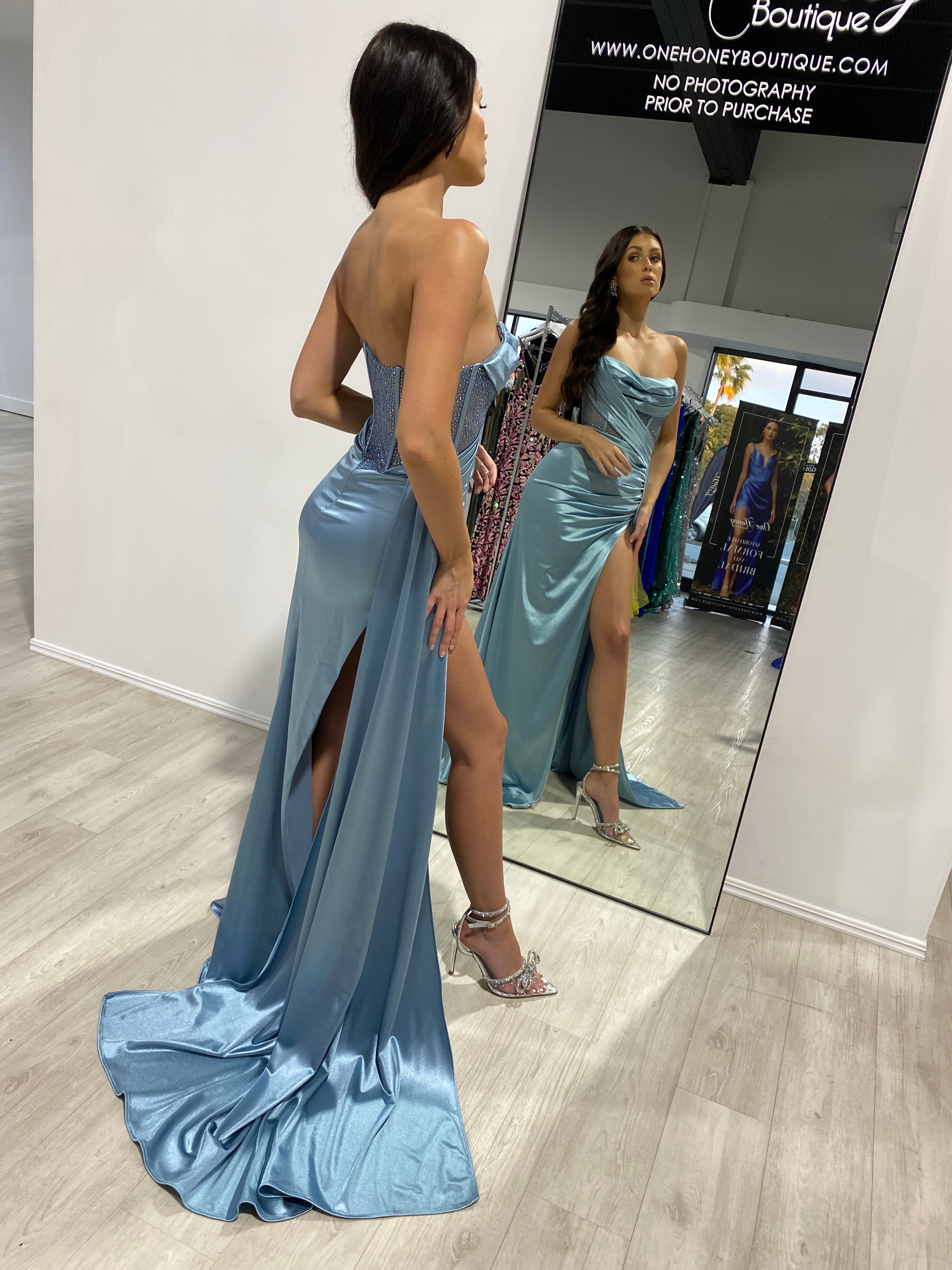 Honey Couture GIGI Dusty Blue Corset Sparkle Bustier Strapless Mermaid Formal Gown Dress