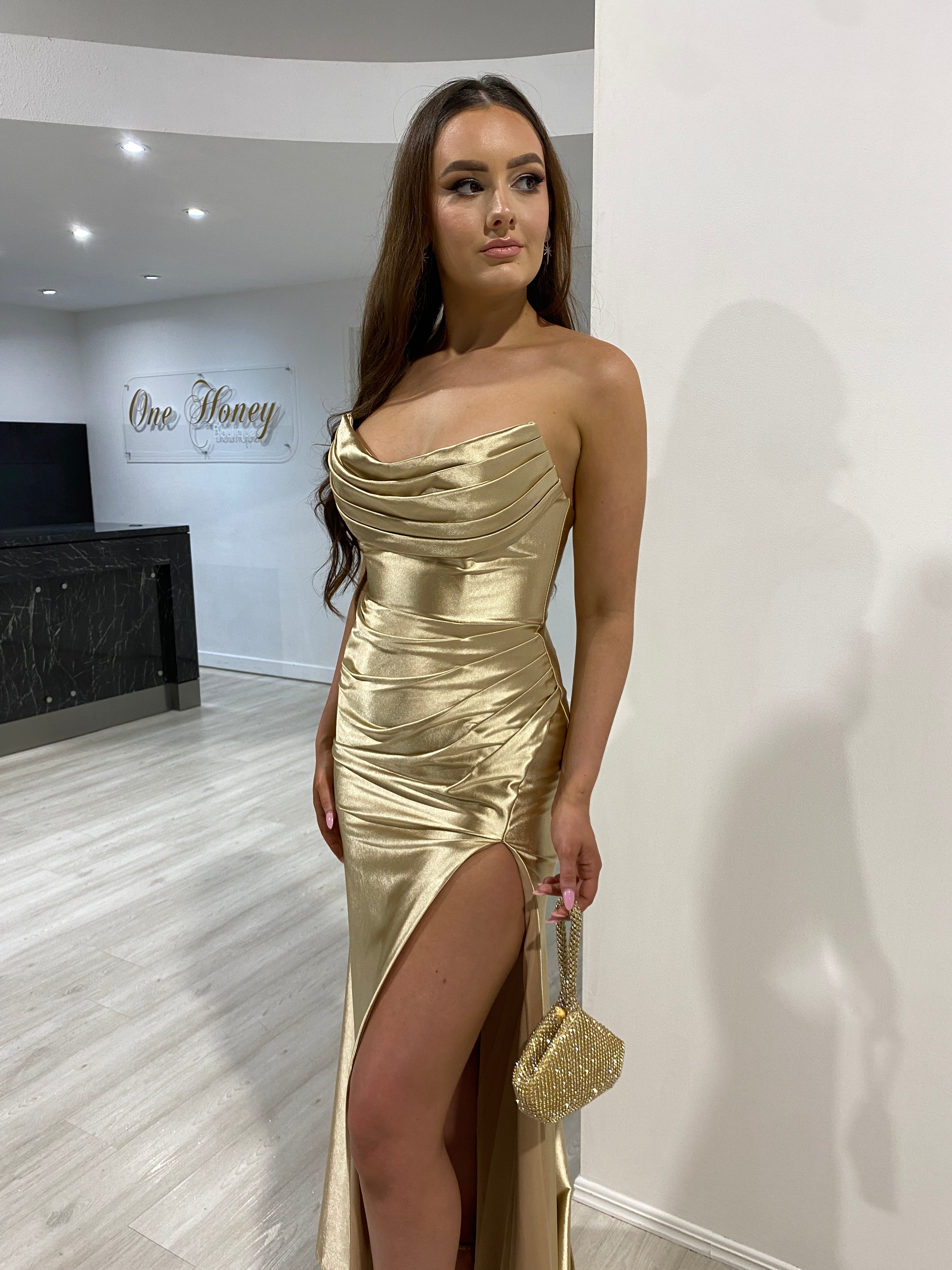 Honey Couture SHARYN Gold Silky Corset Bustier Strapless Mermaid Formal Dress