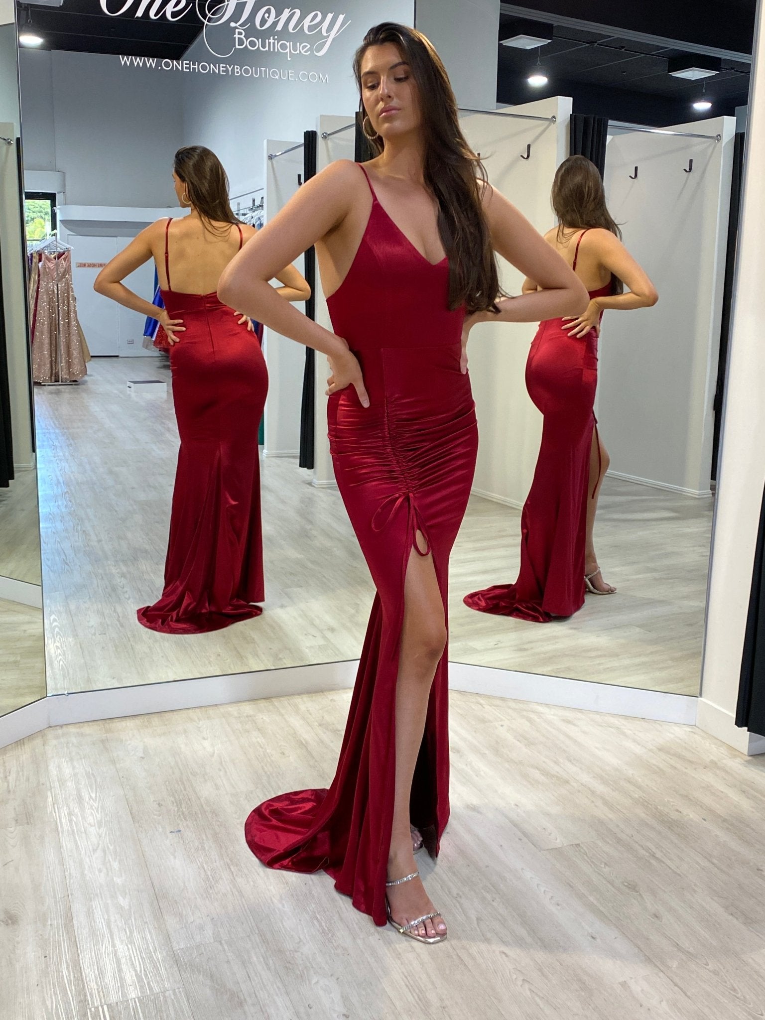 Honey Couture SIBYLLE Burgundy Silky Mermaid Formal Dress in Australia | One Honey Boutique