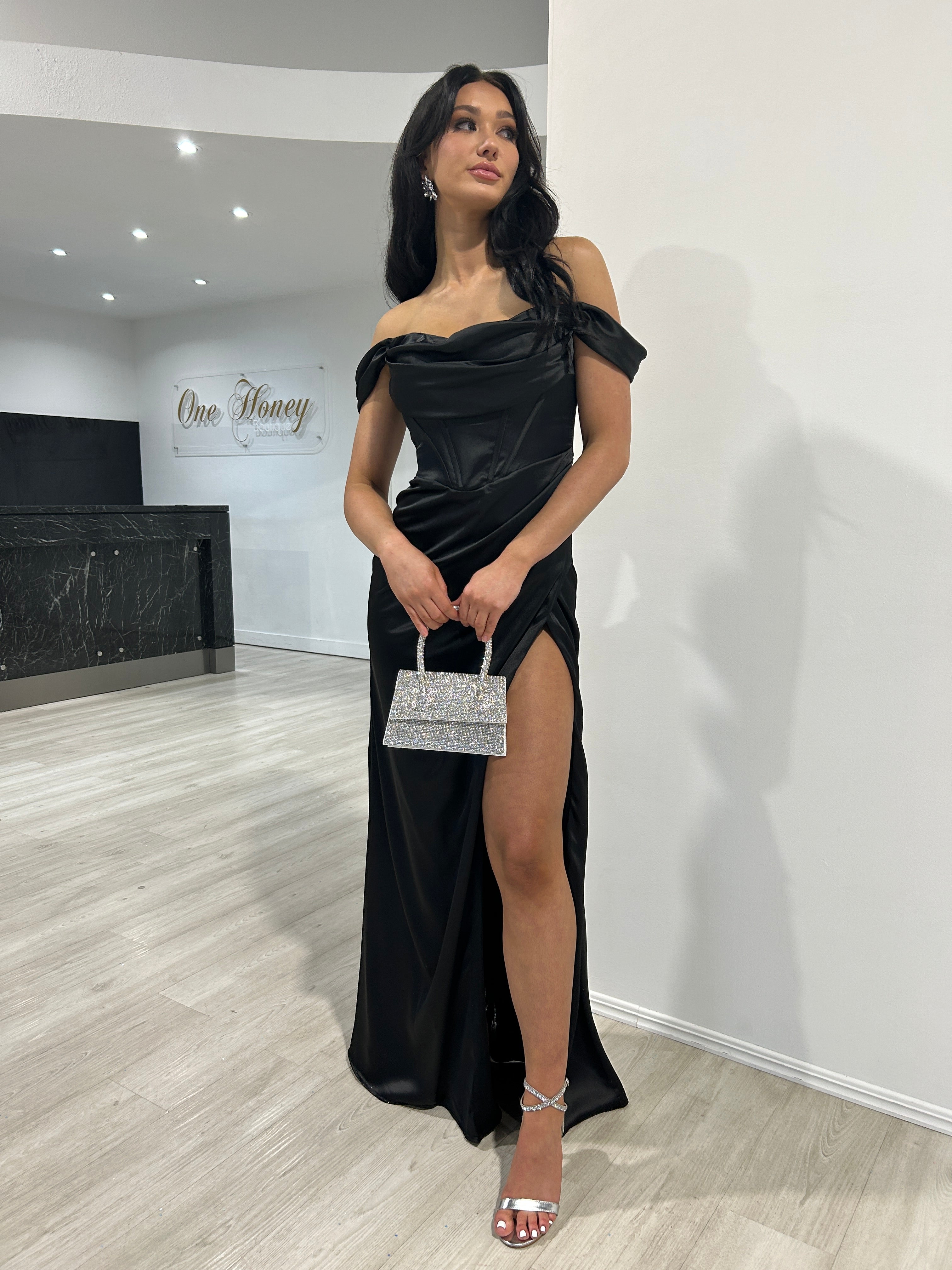 Honey Couture CECE Black Satin Off The Shoulder Corset Bustier Formal Dress