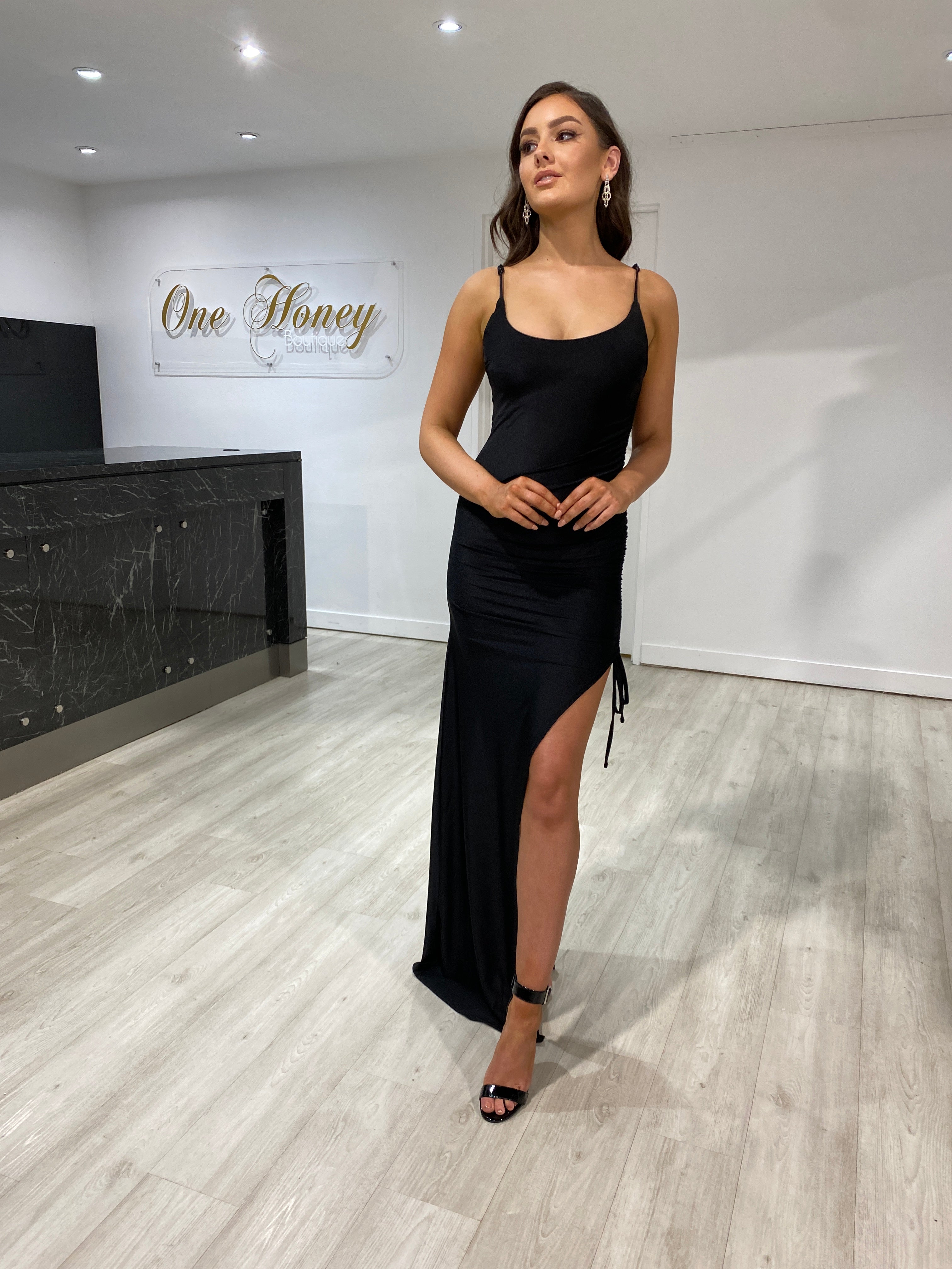 Honey Couture VANESSA Black Bodycon Side Split Midi Dress