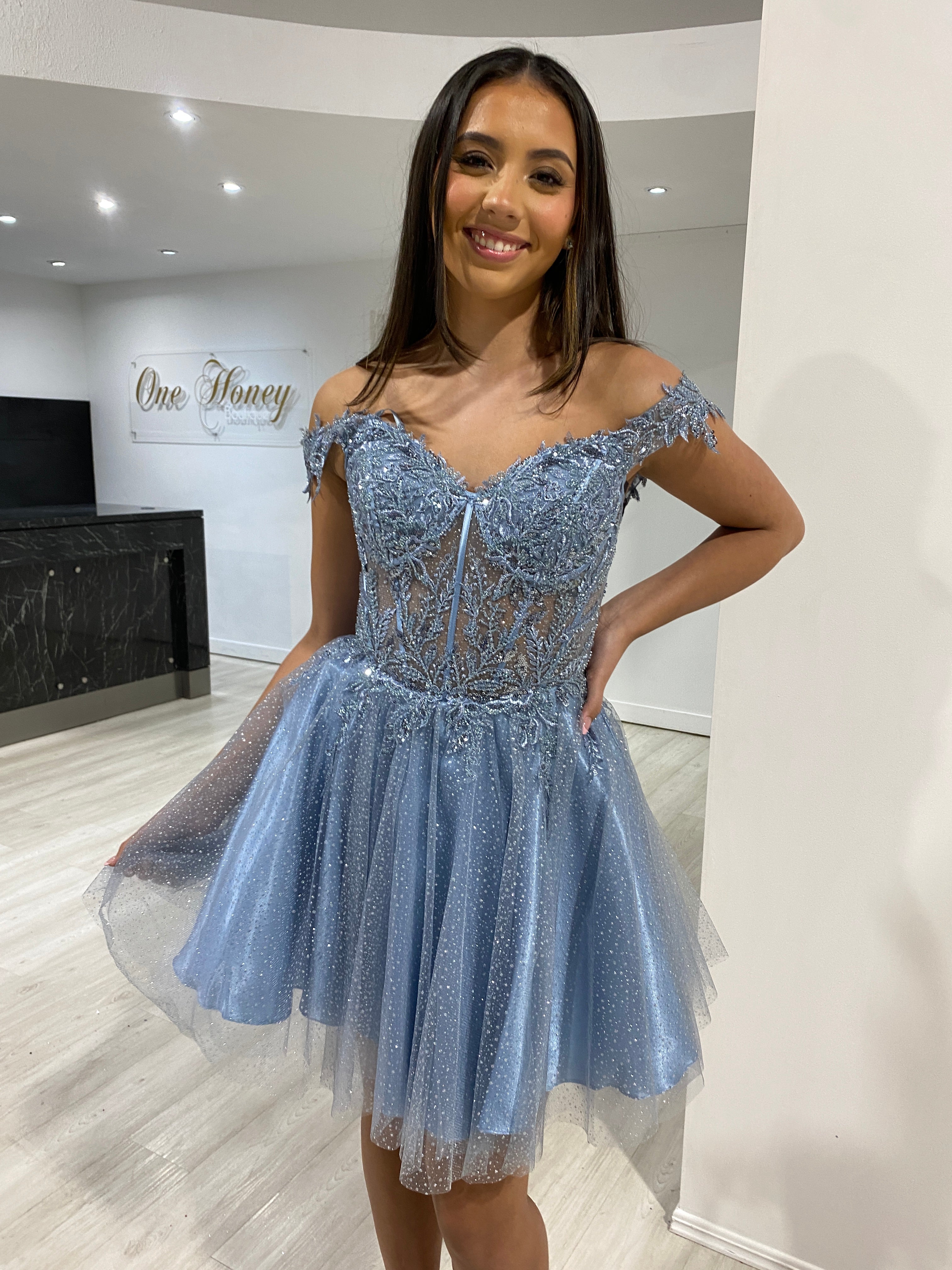 Honey Couture NICOLETTE Smokey Blue Off the Shoulder Beaded Tulle Frilly Party Dress