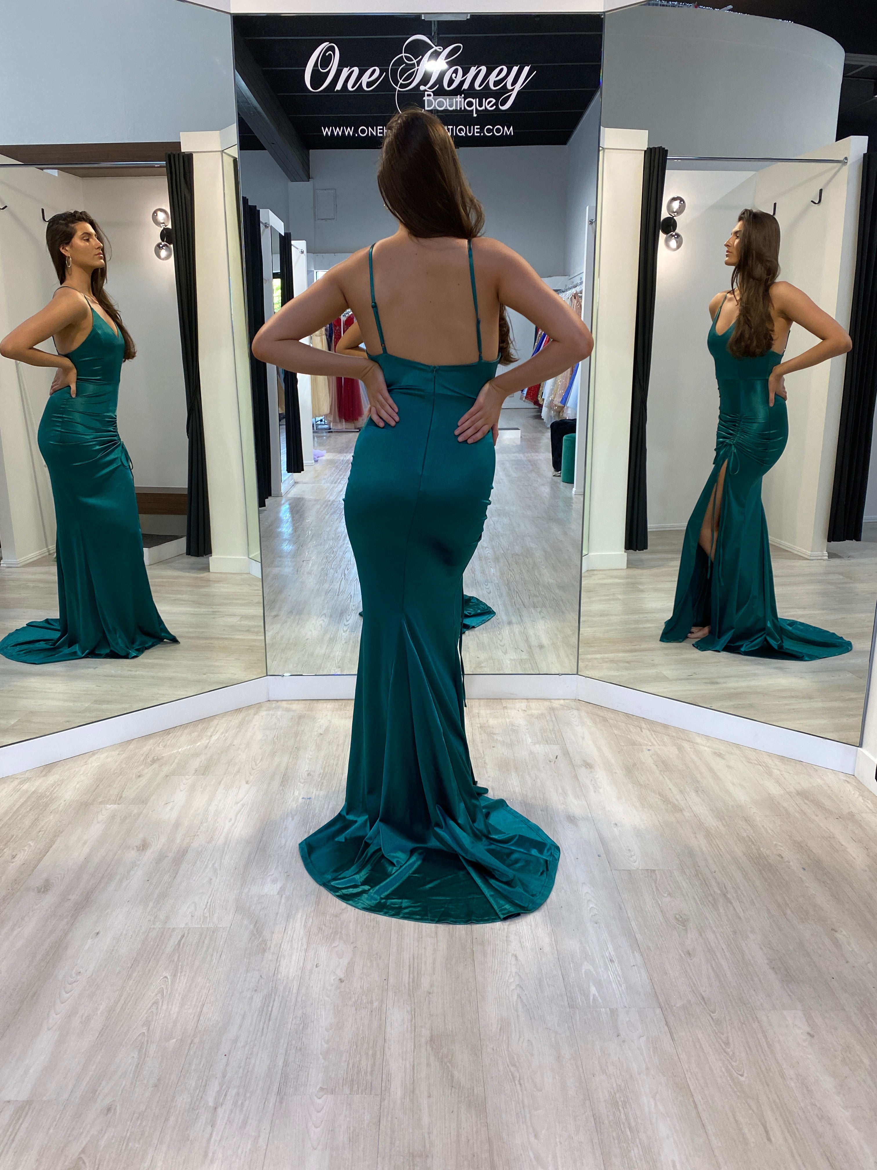 Honey Couture SIBYLLE Emerald Green Silky Mermaid Formal Dress