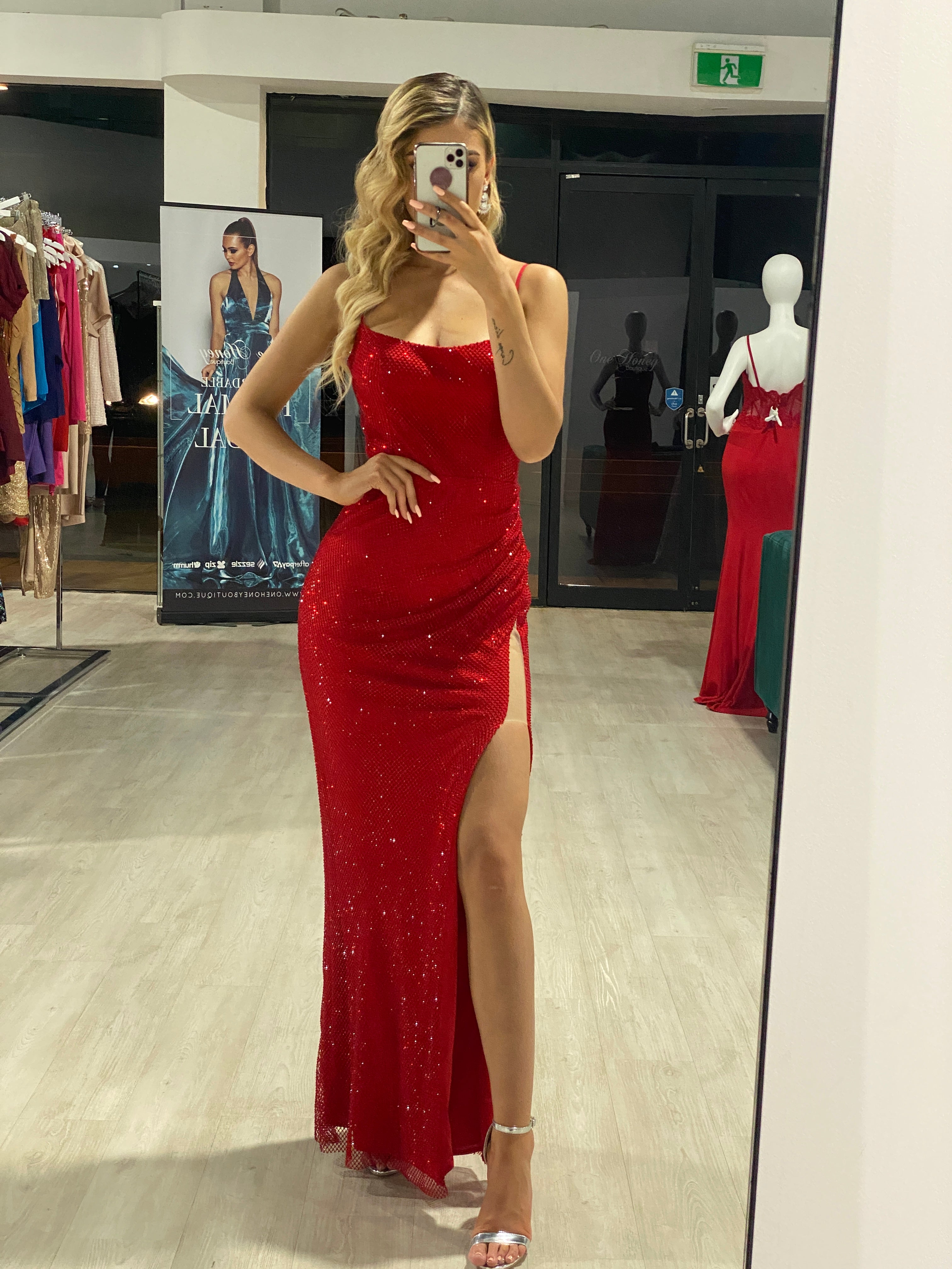 Honey Couture VICTORIA Red Sequin Beaded Low Back Formal Dress