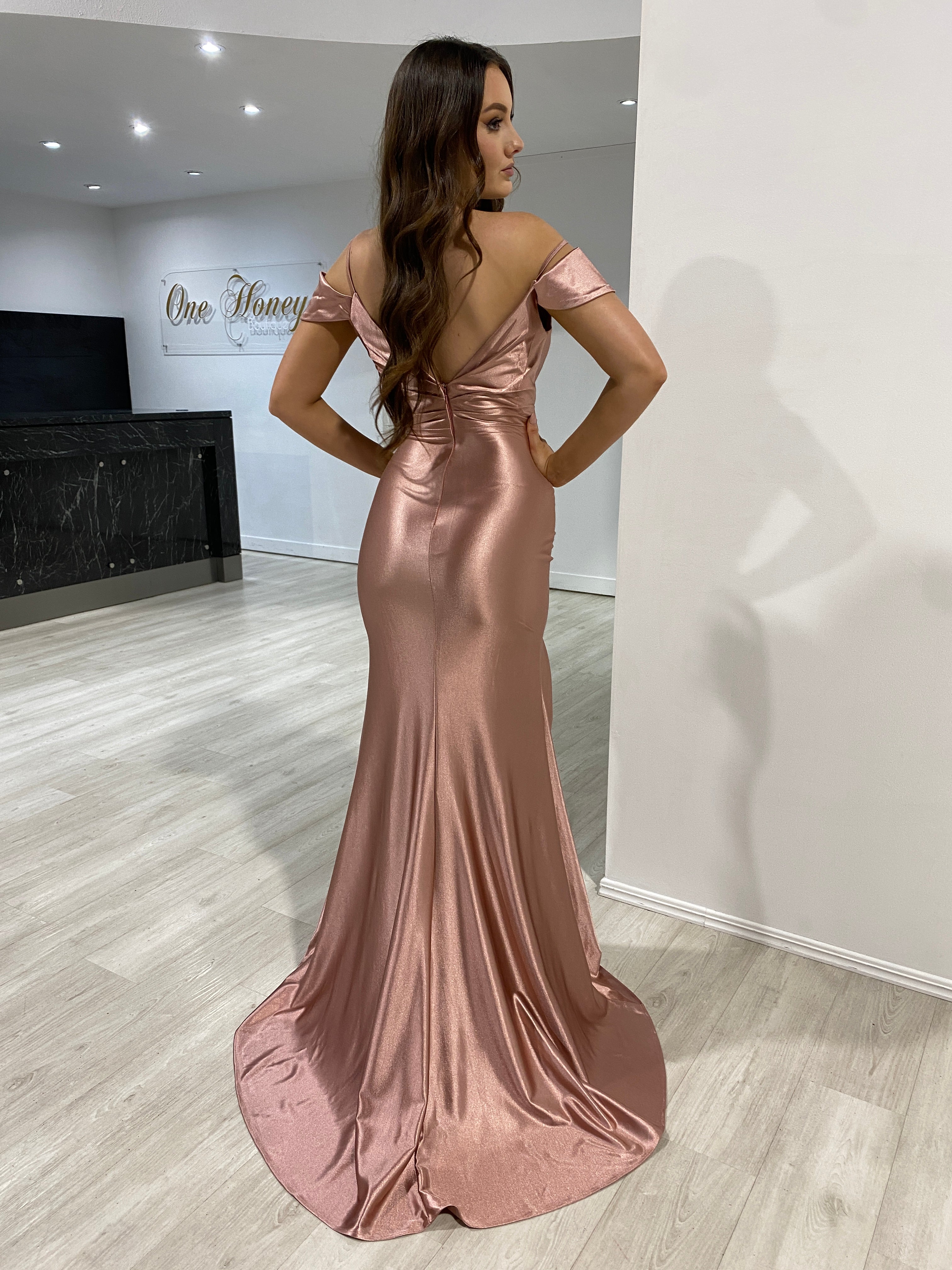 Honey Couture ROMY Dusty Rose Silky Off Shoulder Formal Dress