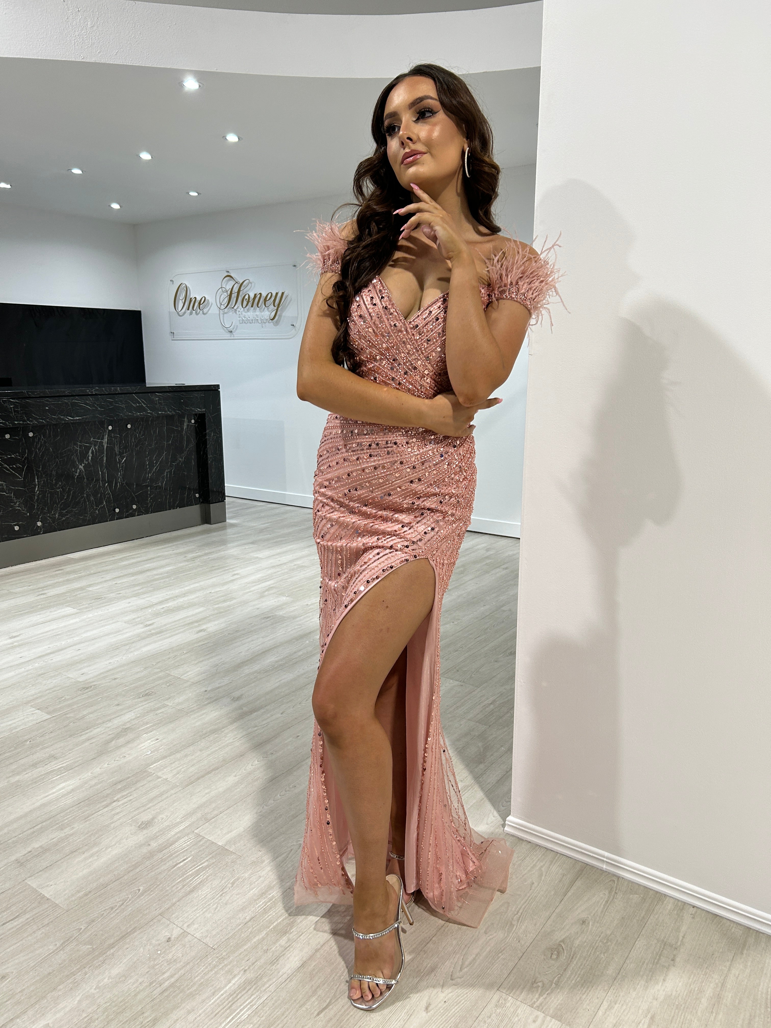 Honey Couture SABINA Blush Beaded Feather Leg Split Mermaid Formal Dress
