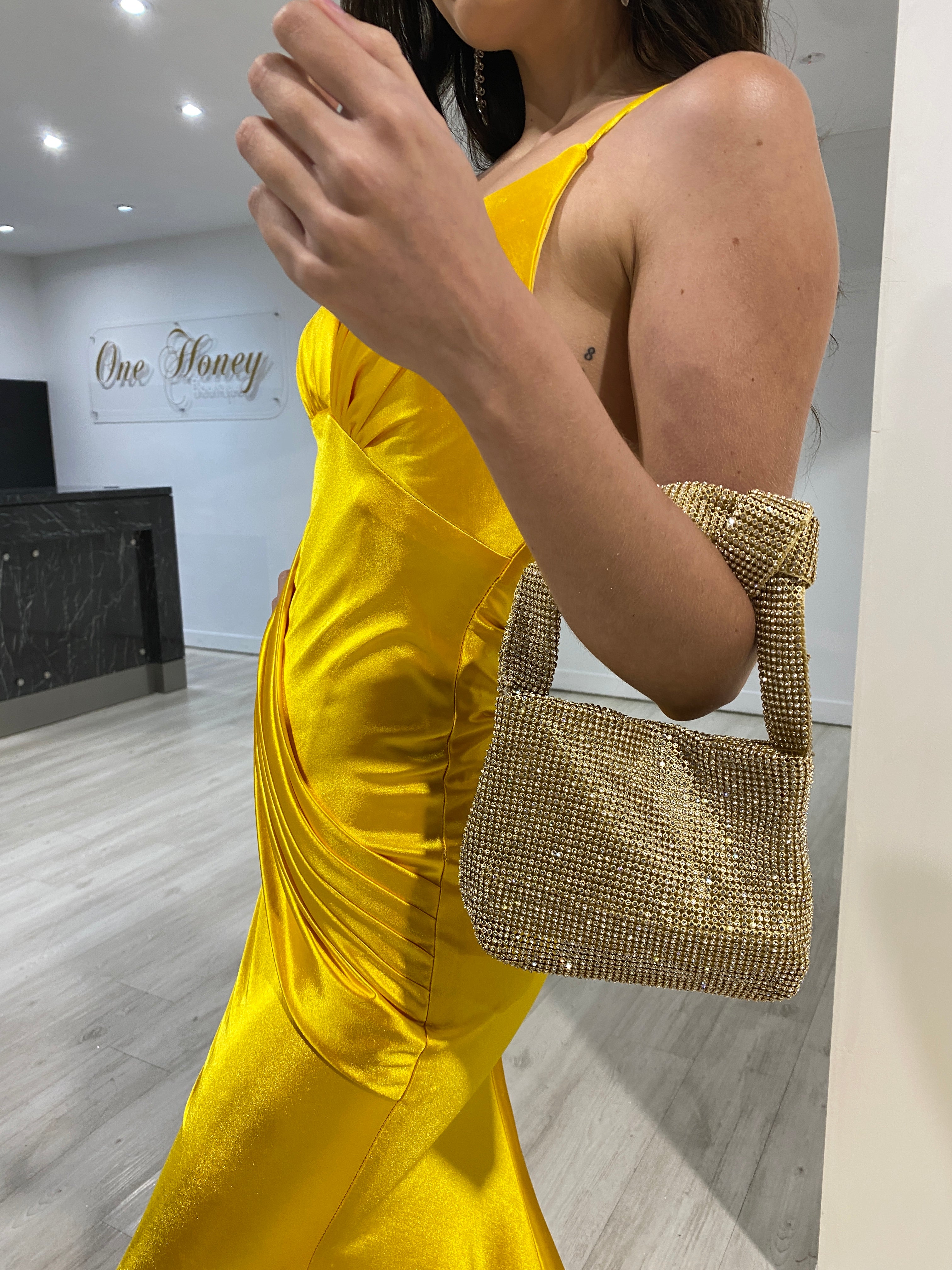 Honey Couture BOUJEE Gold Diamanté Mesh Mini Bag