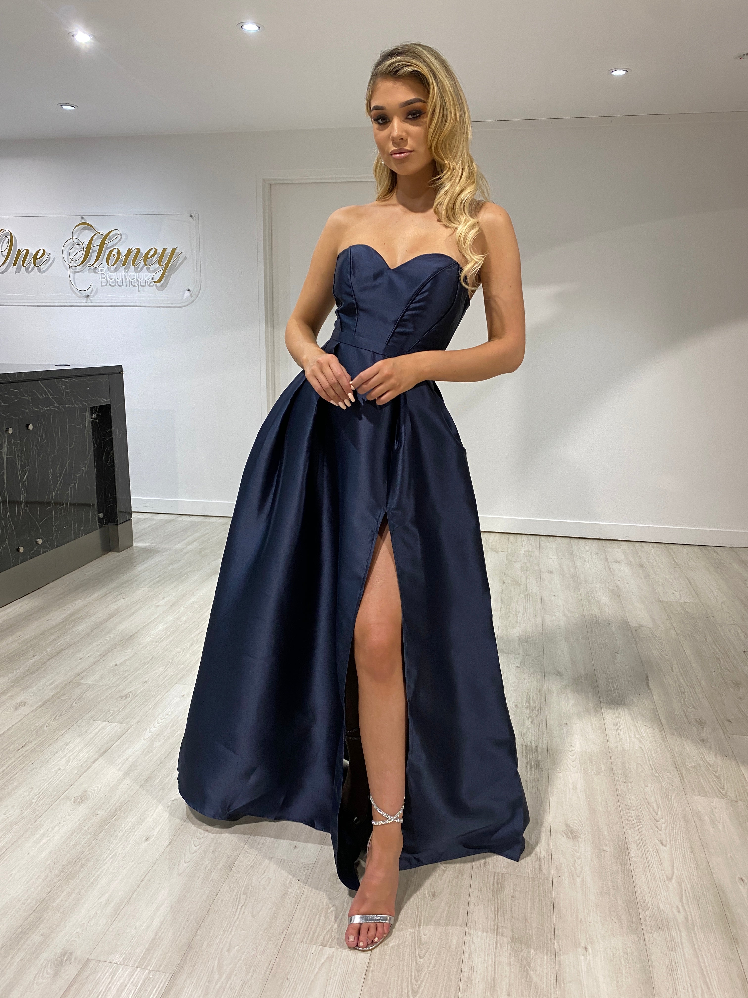 Honey Couture MAGDELINA Navy Blue Strapless Ballgown Formal Dress