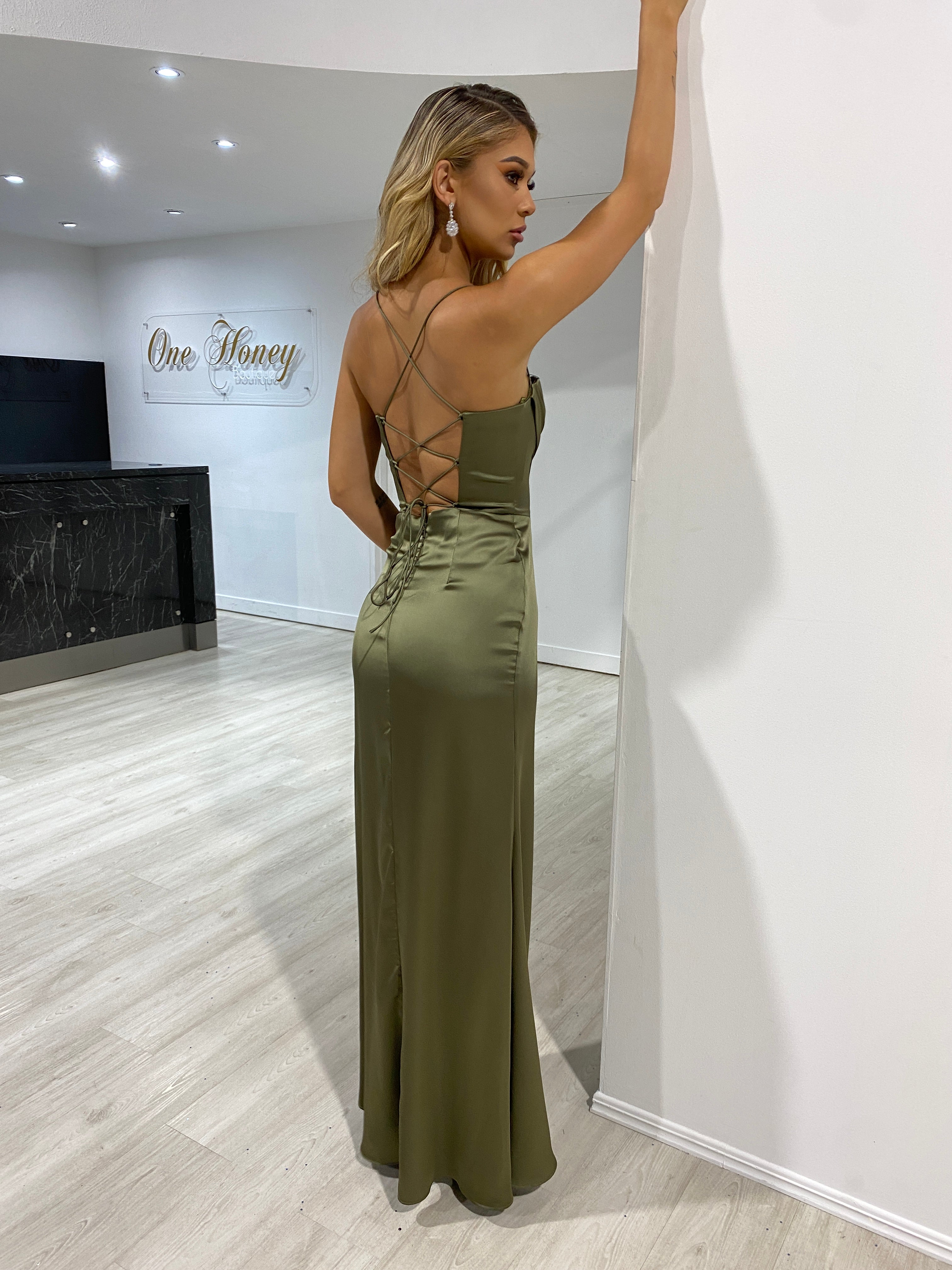 Honey Couture ZENDAYA Olive Green Satin Corset Bustier Leg Split Formal Dress