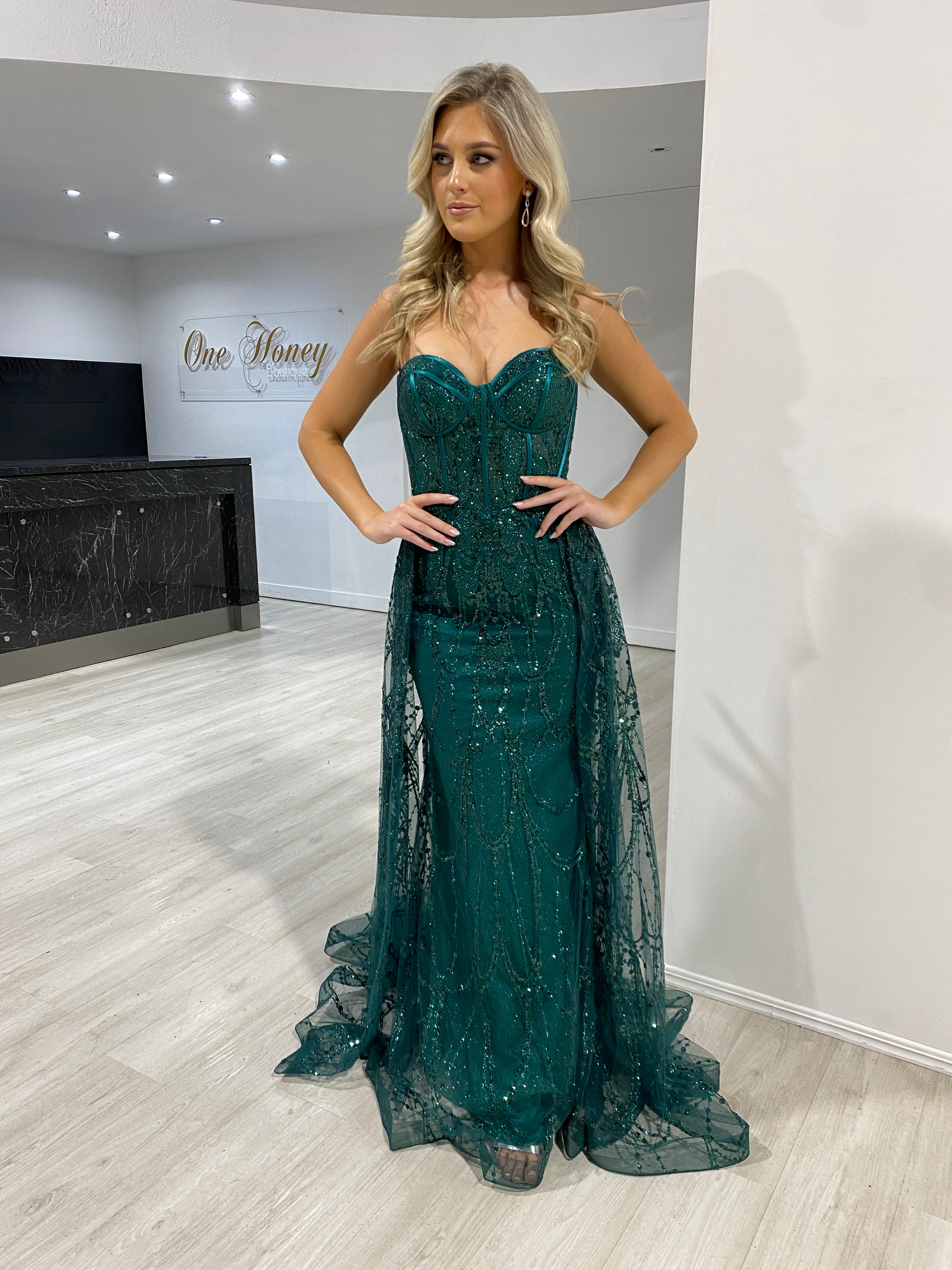 Honey Couture SIMMONE Emerald Glitter Strapless Corset Overskirt Formal Dress