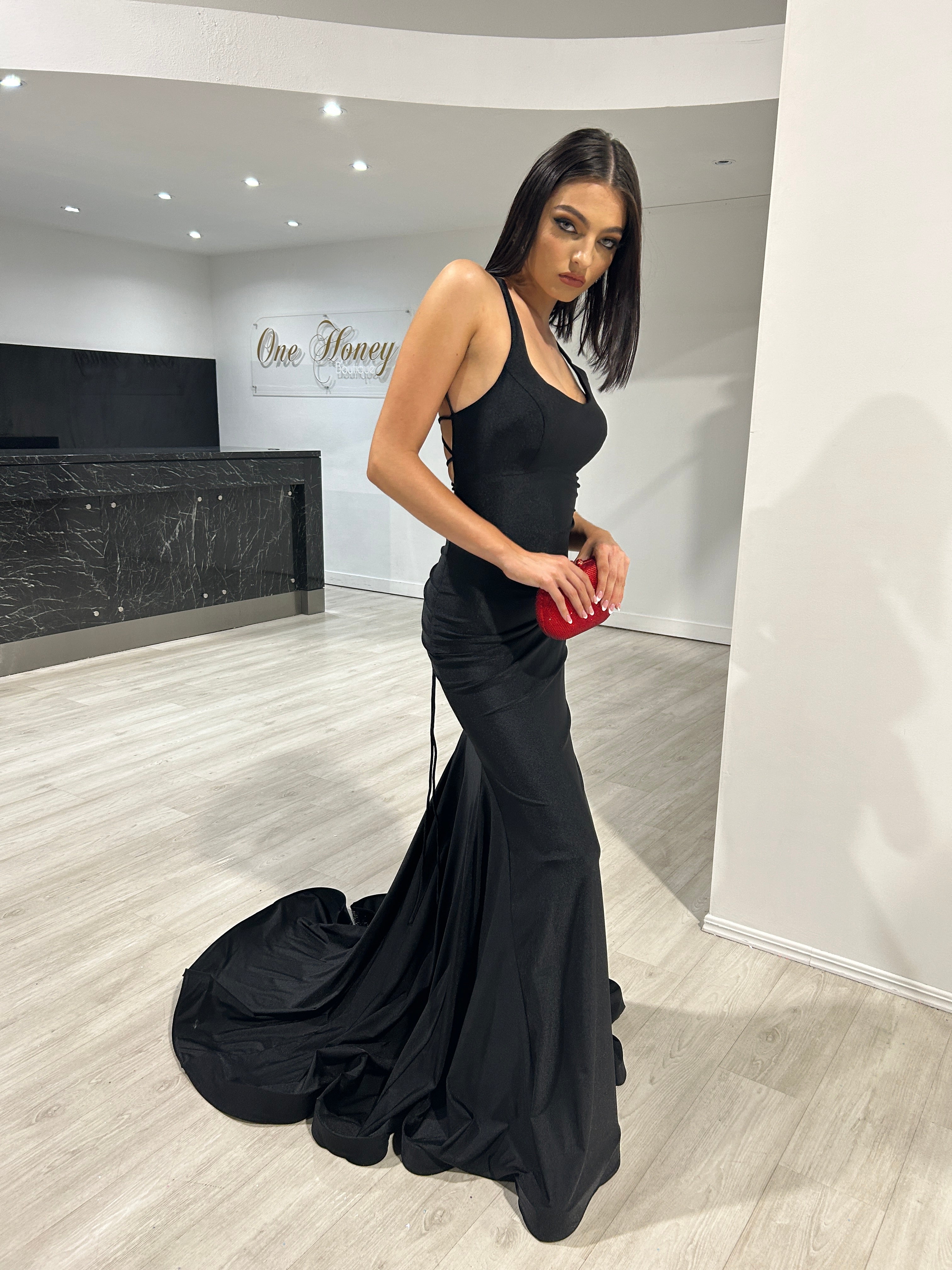 Honey Couture JAYLA Black Lace Up Back Mermaid Formal Gown