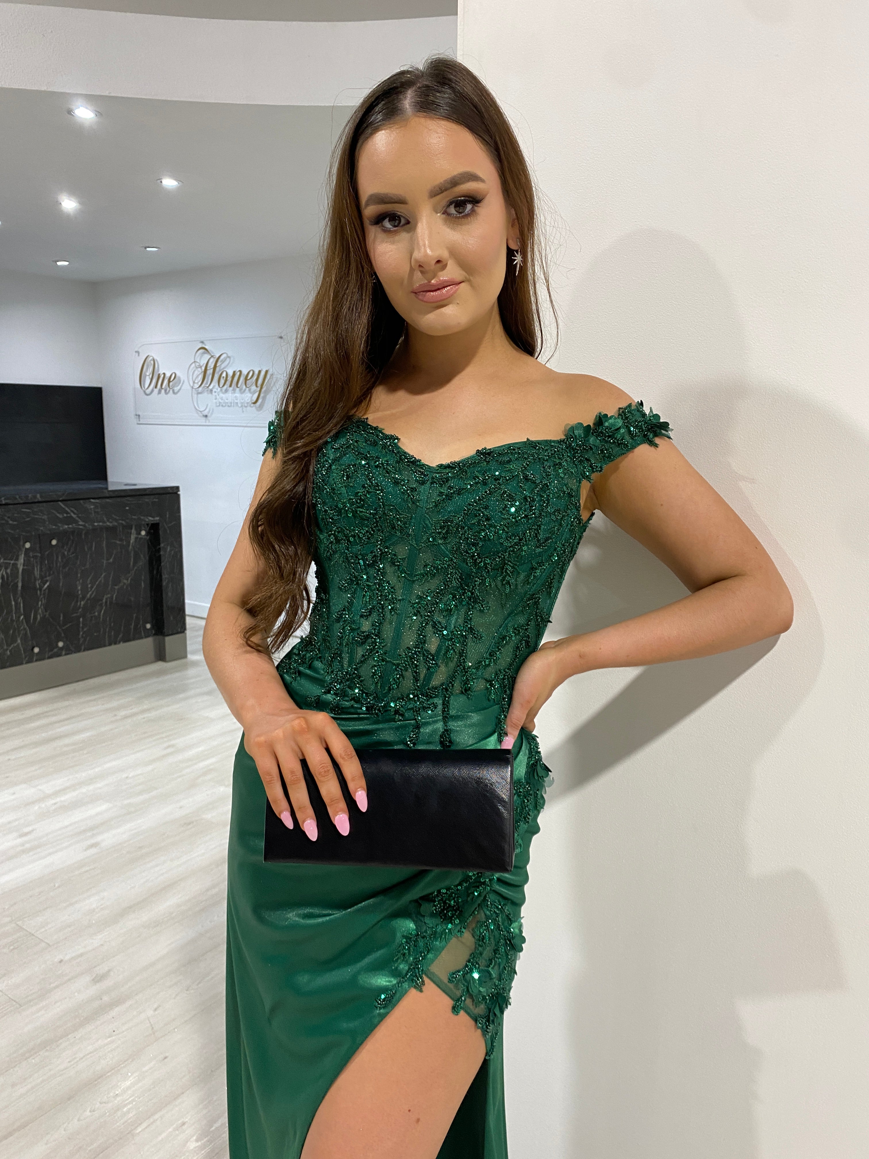 Honey Couture THELMA Emerald Green Sequin Bustier Corset Satin Mermaid Formal Dress