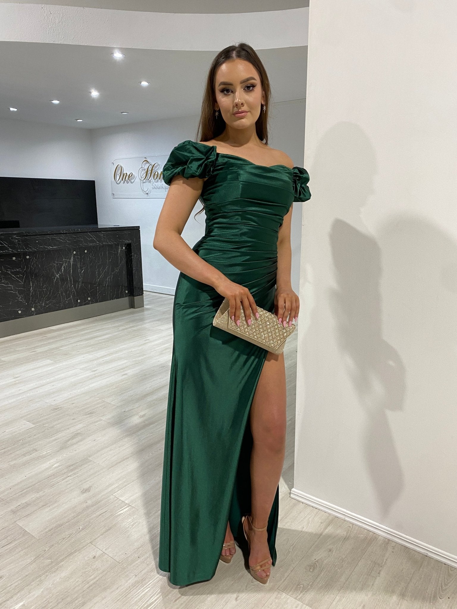 Honey Couture Rose Gold CIARISA Shimmer With a Pearl and Diamanté Front Clutch Bag in Australia | One Honey Boutique