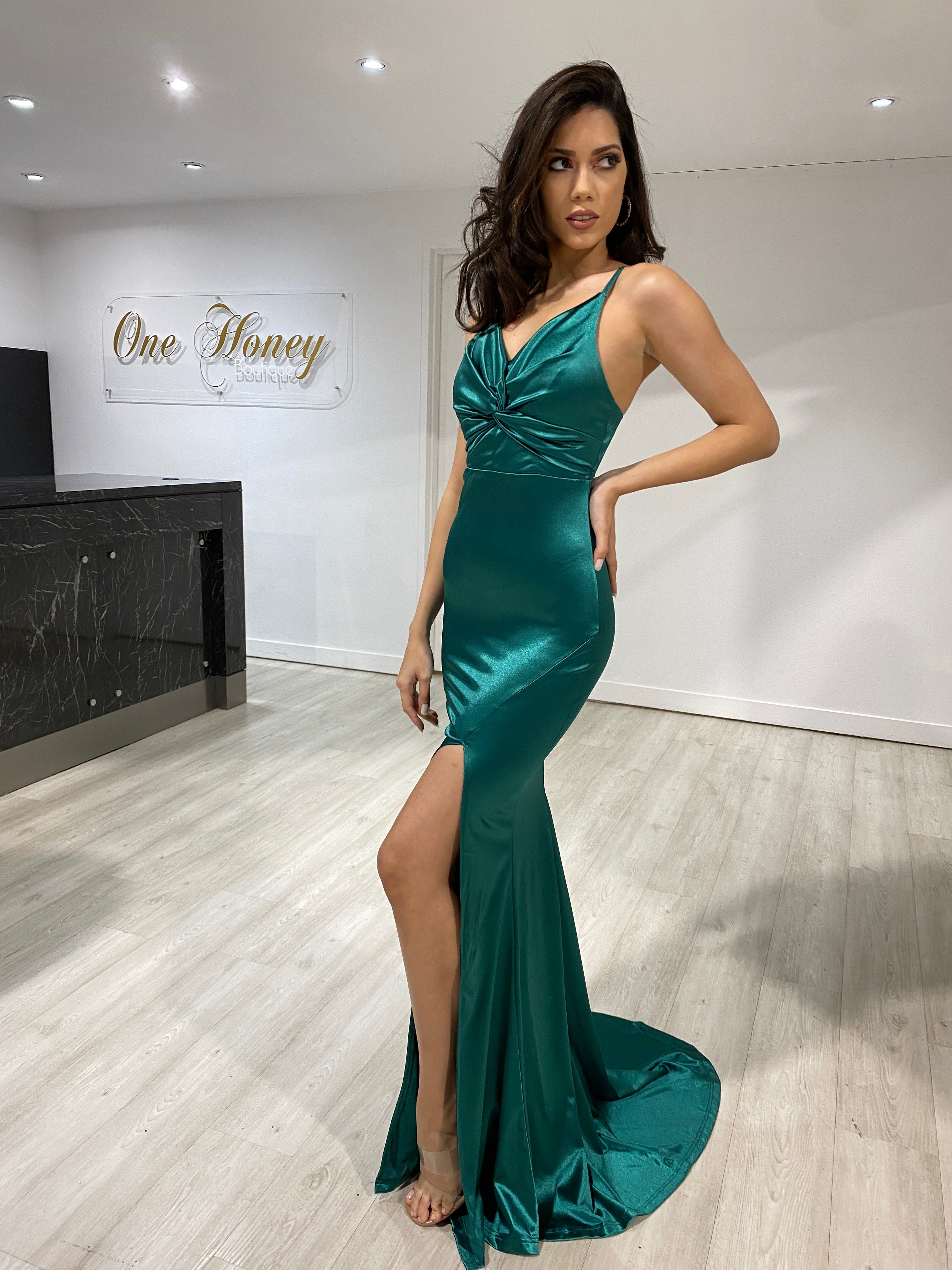 Honey Couture RAYNE Emerald Green Silky Knot Feature Mermaid Formal Dress