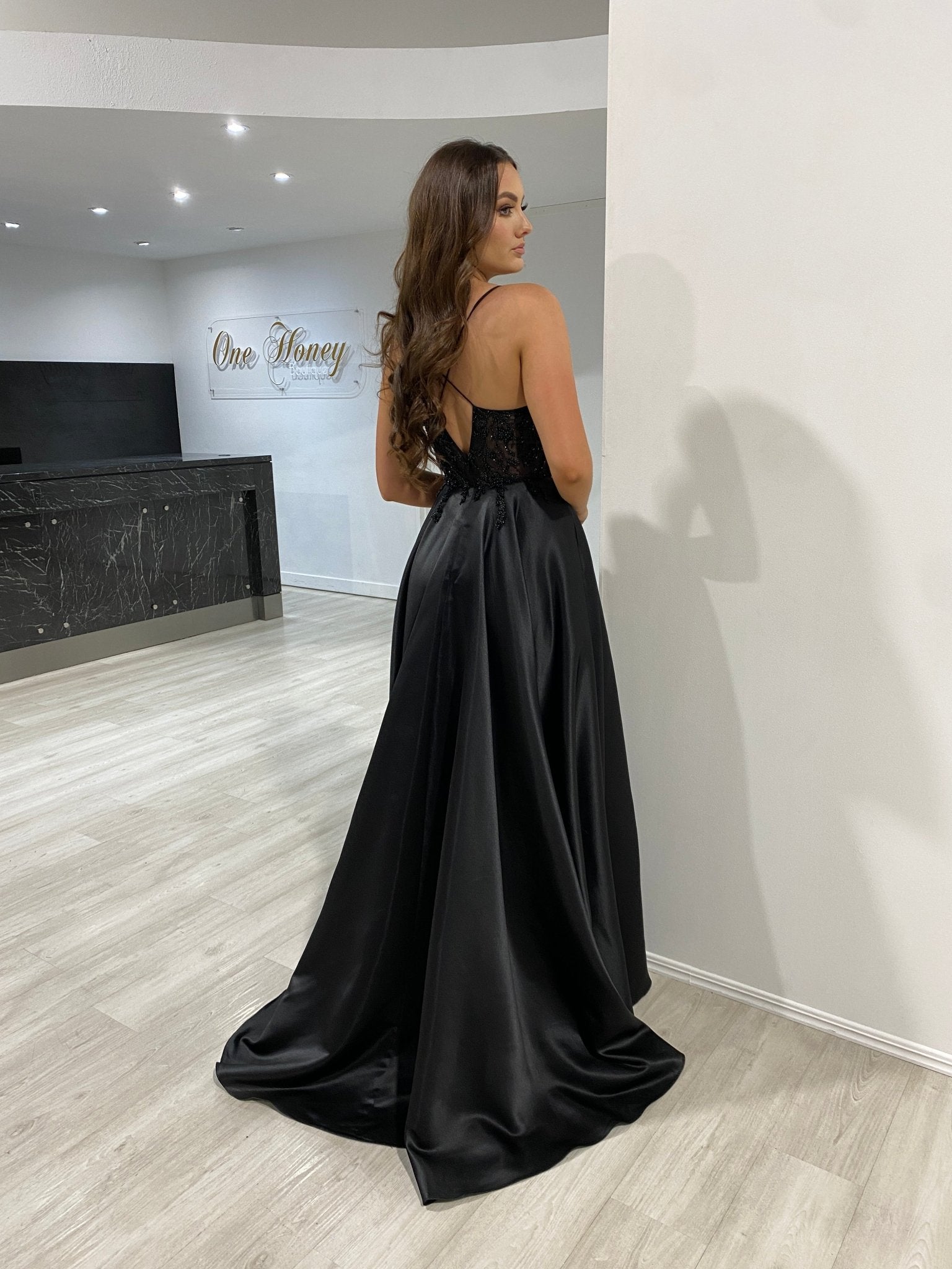 Honey Couture ALICE Black Satin A Line Beaded Bodice Formal Dress in Australia | One Honey Boutique