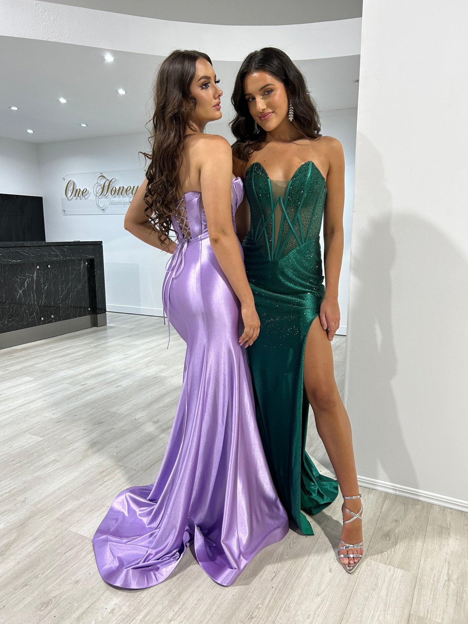 ROMANA Strapless Satin Diamanté Detail Corset Bustier Formal Dress in Australia | One Honey Boutique