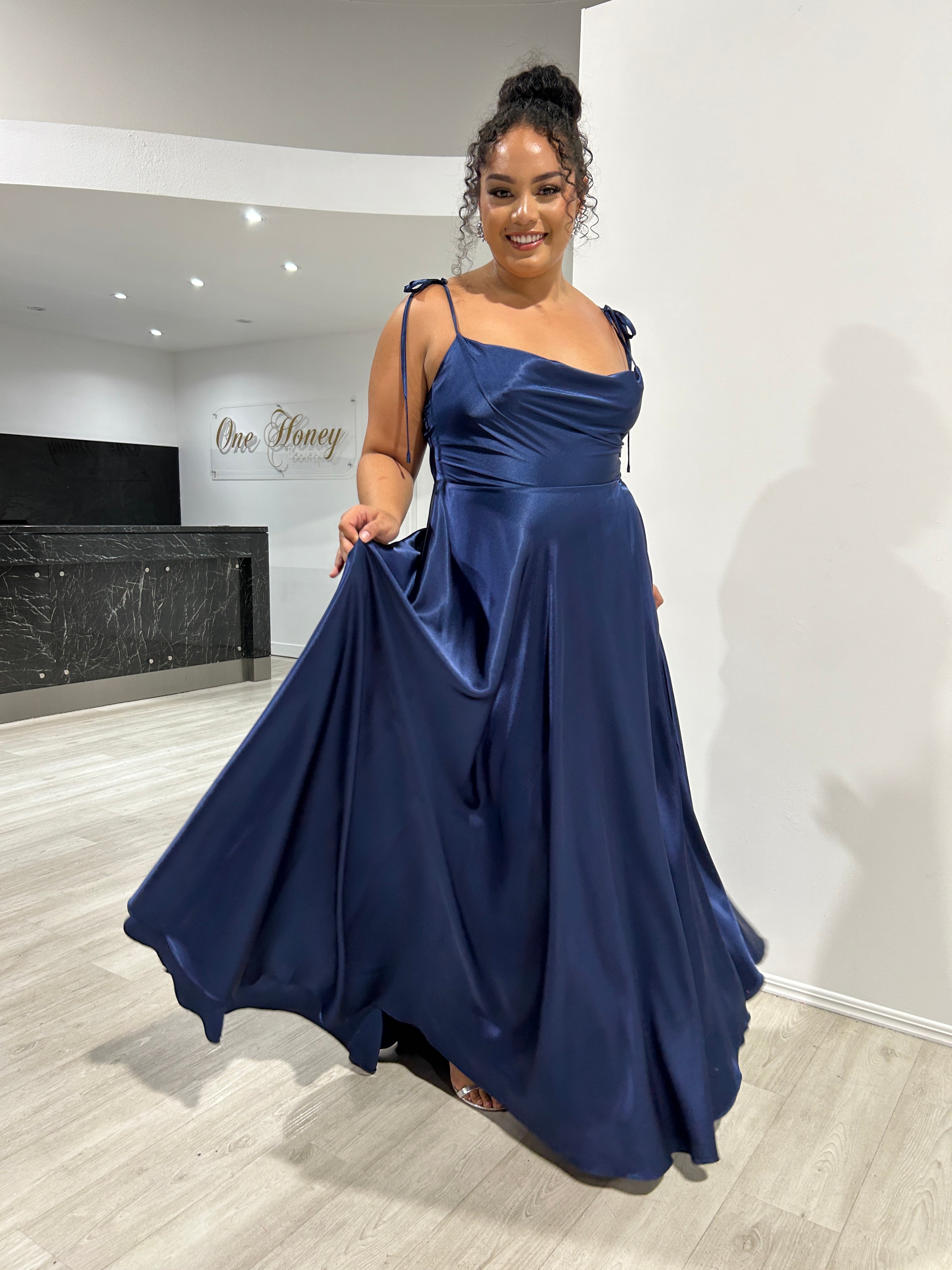 Honey Couture XENA Navy Blue Tie Up A-Line Formal Bridesmaid Dress