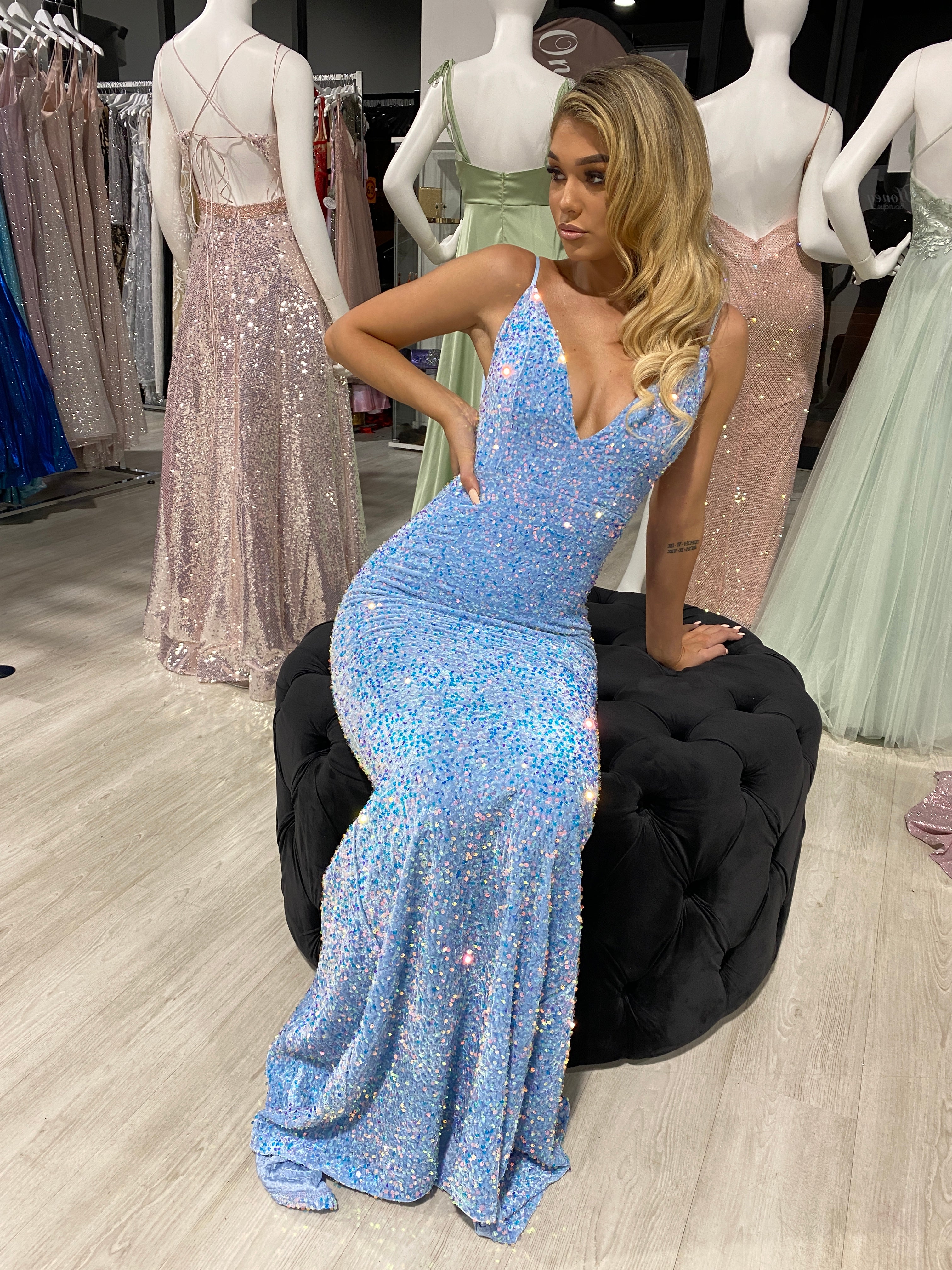 Honey Couture CASSIDY Baby Blue Sequin Low Back Formal Dress