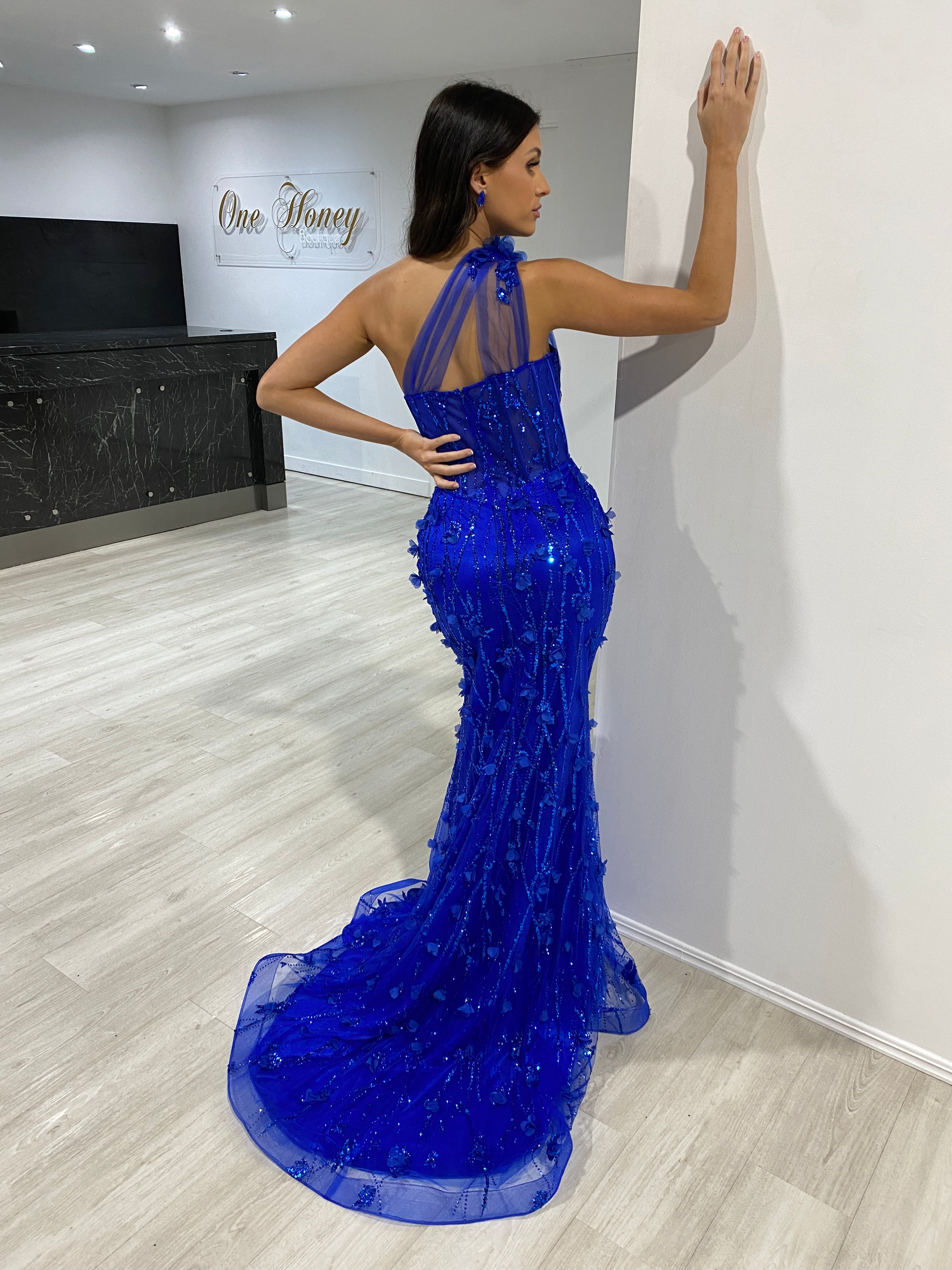 Honey Couture AMINA Royal Blue One Shoulder Glitter Mermaid Formal Dress