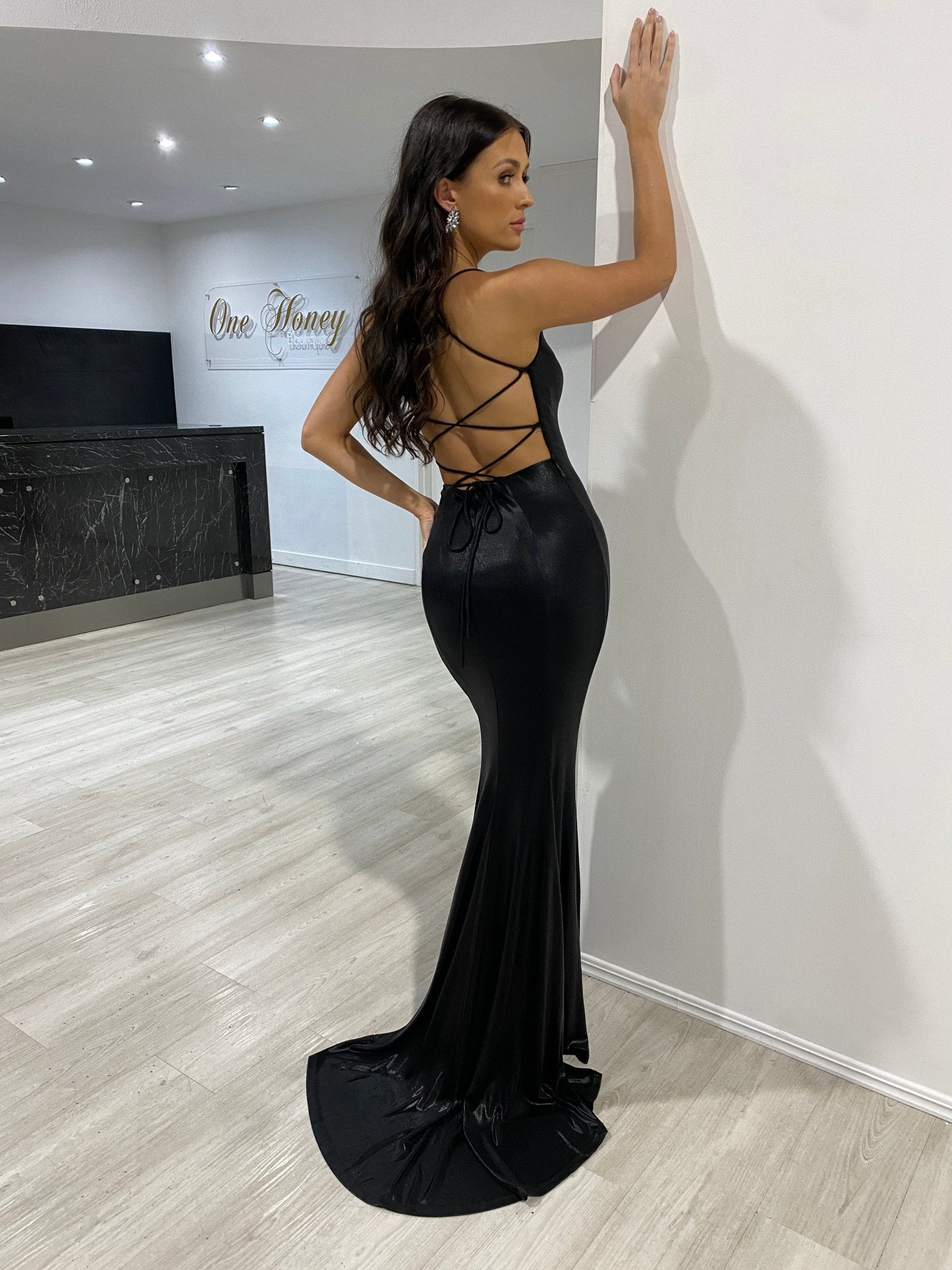 Honey Couture DITA Black Lace Up Corset Mermaid Formal Dress in Australia | One Honey Boutique