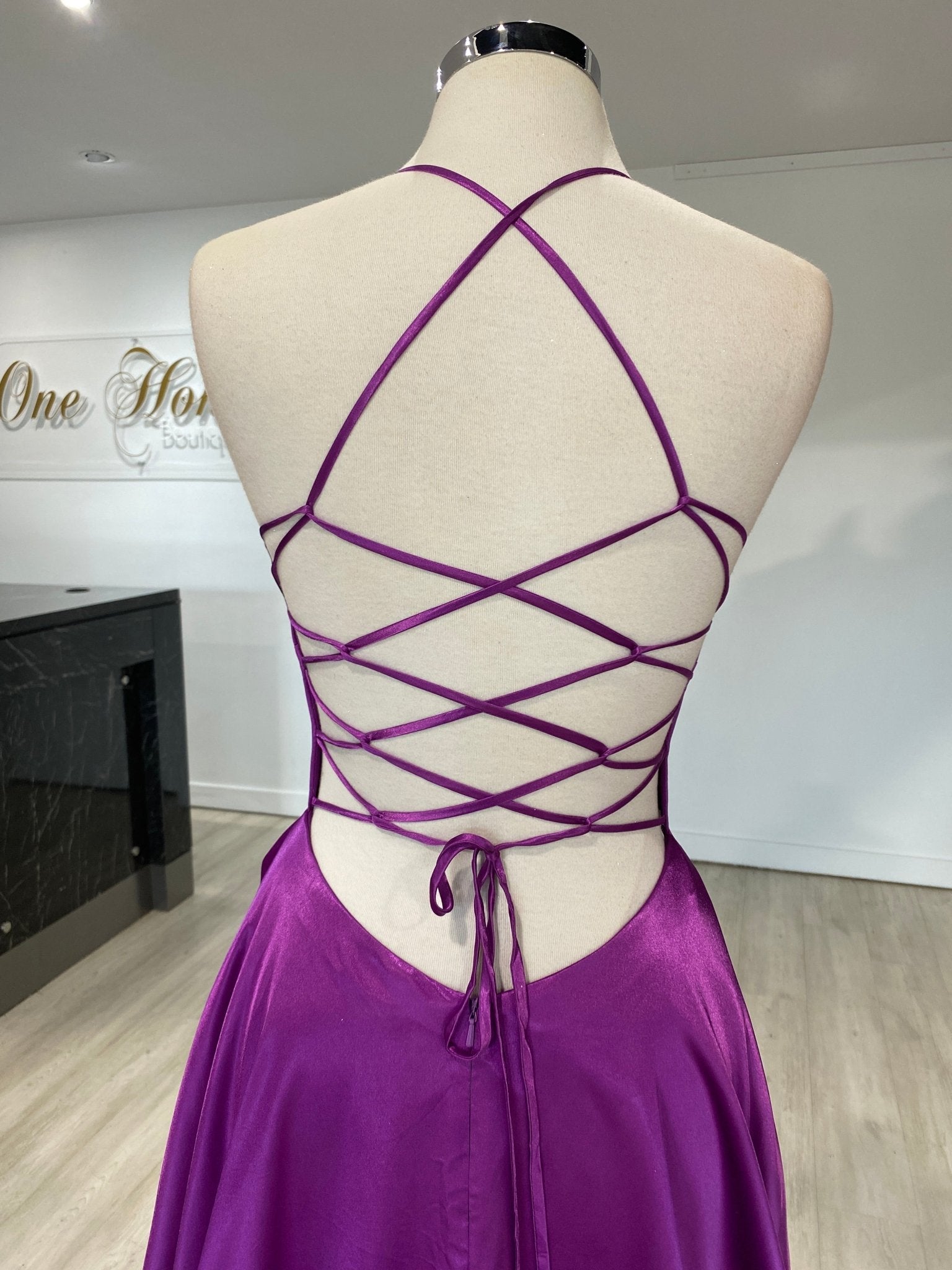 Honey Couture LUCINDA Lace Up Back Satin A Line Formal Dress in Australia | One Honey Boutique
