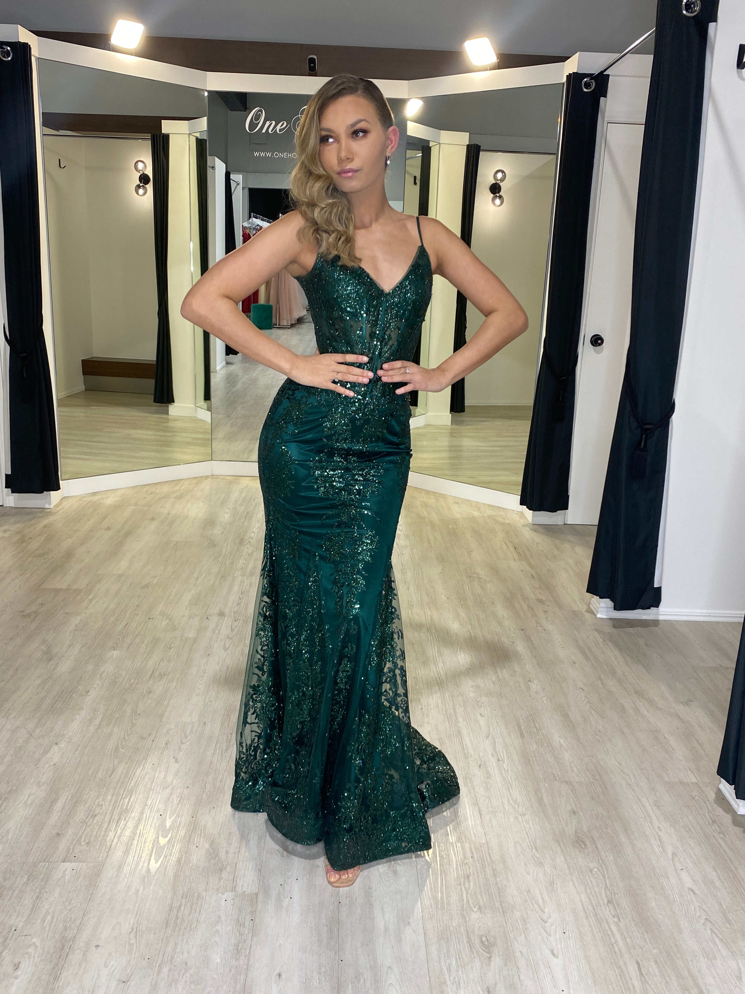 Honey Couture CAROLE Emerald Green Sequin Corset Mermaid Formal Gown Dress
