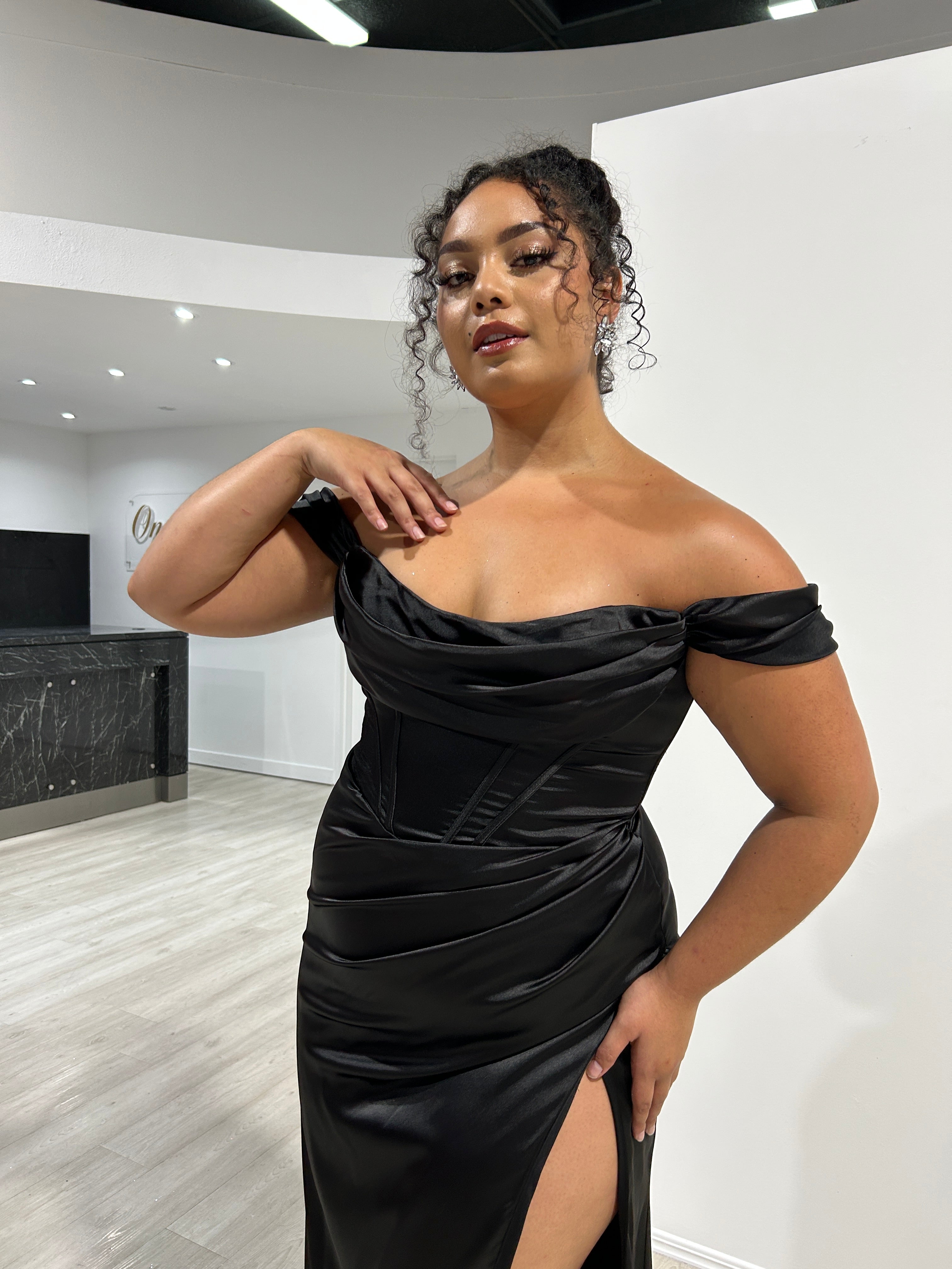 Honey Couture CECE Curve Black Satin Off The Shoulder Corset Bustier Formal Dress