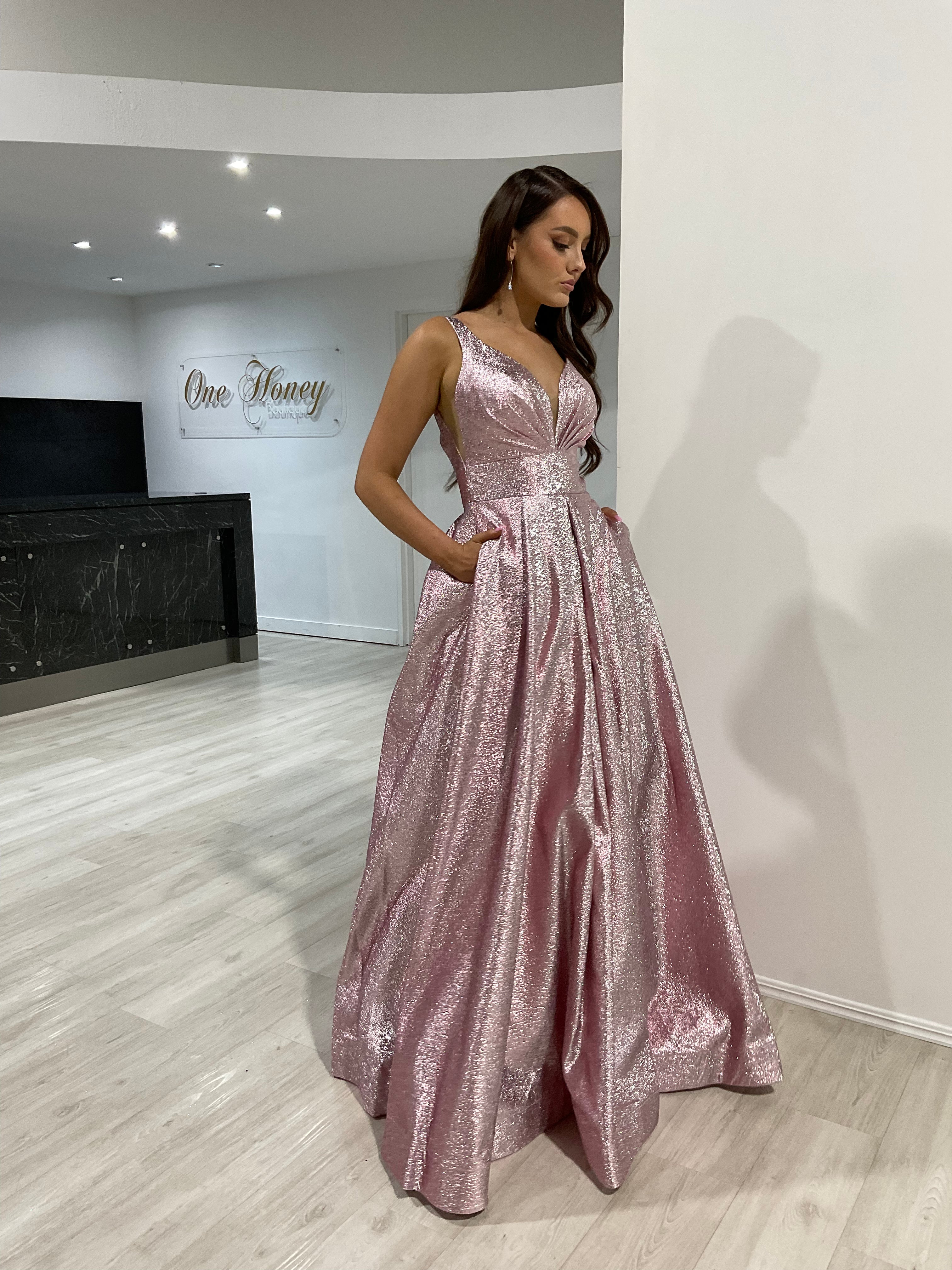 Honey Couture LORI Metallic Blush Pink Ball Gown Formal Dress