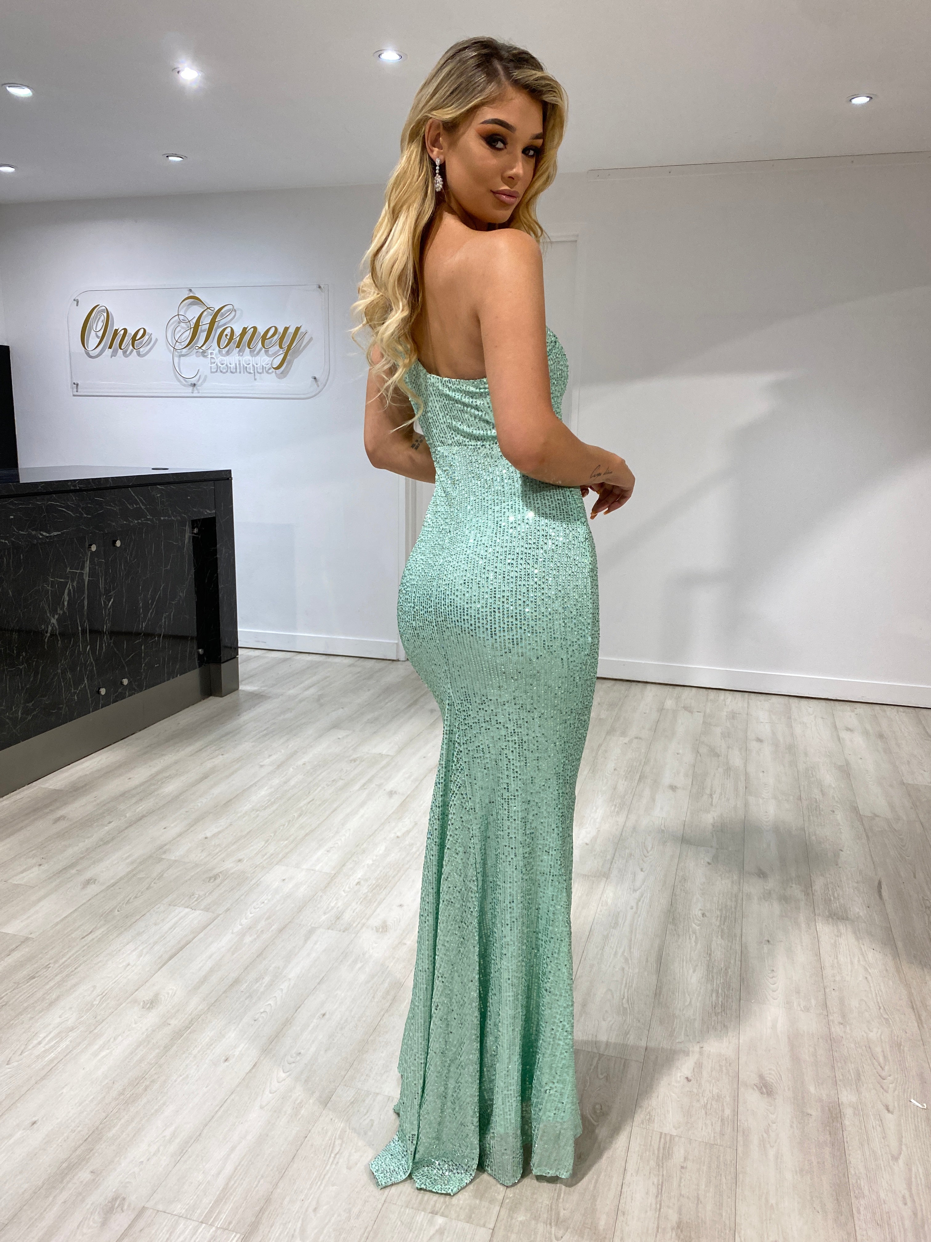 Honey Couture AIDEN Teal Green One Shoulder Sequin Formal Dress