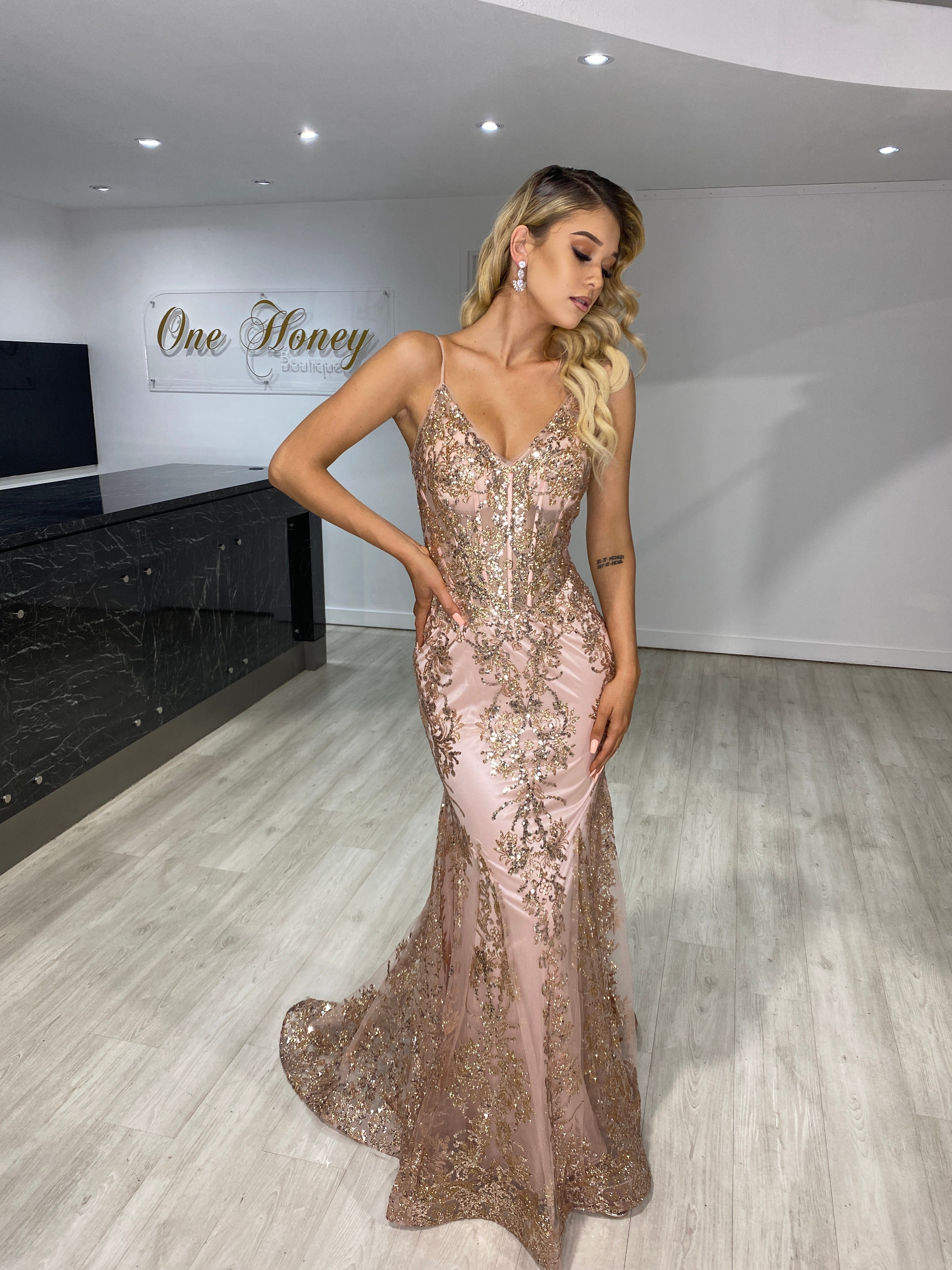 Honey Couture CAROLE Rose Gold Sequin Corset Mermaid Formal Gown Dress