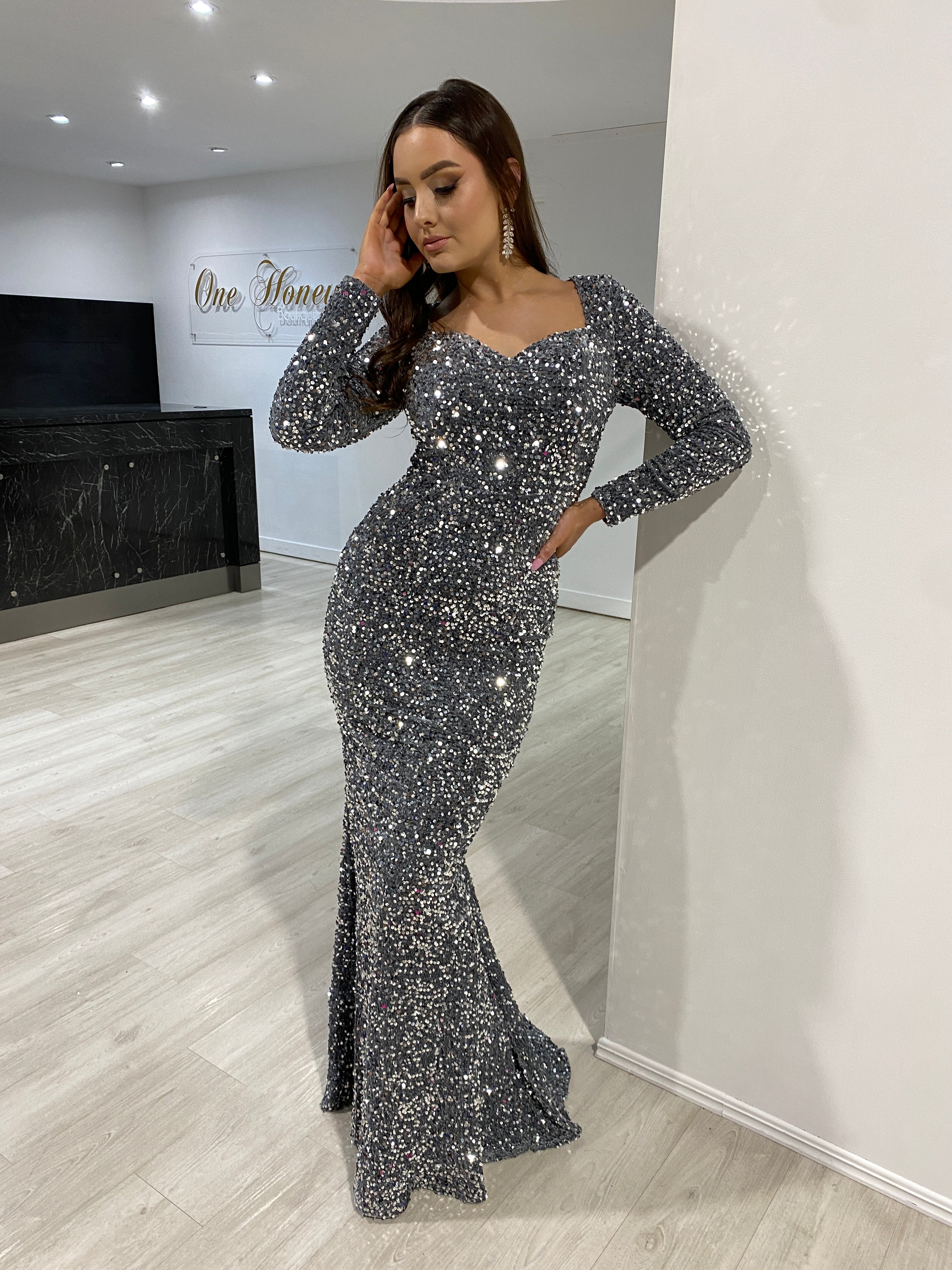 Honey Couture ALISON Grey Silver Sequin Long Sleeve Formal Dress