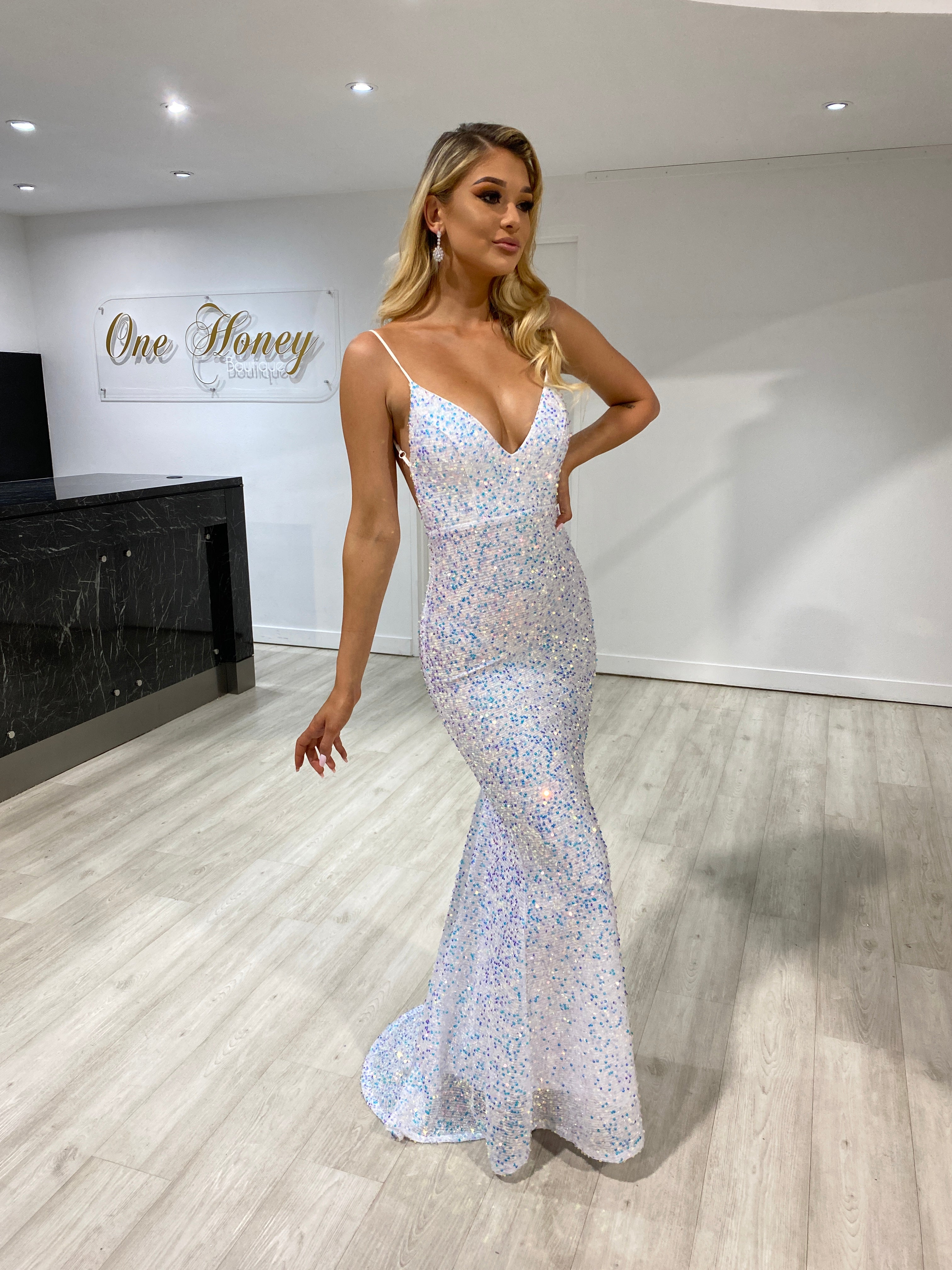 Honey Couture JULES White Low Back Sequin Mermaid Evening Gown Dress