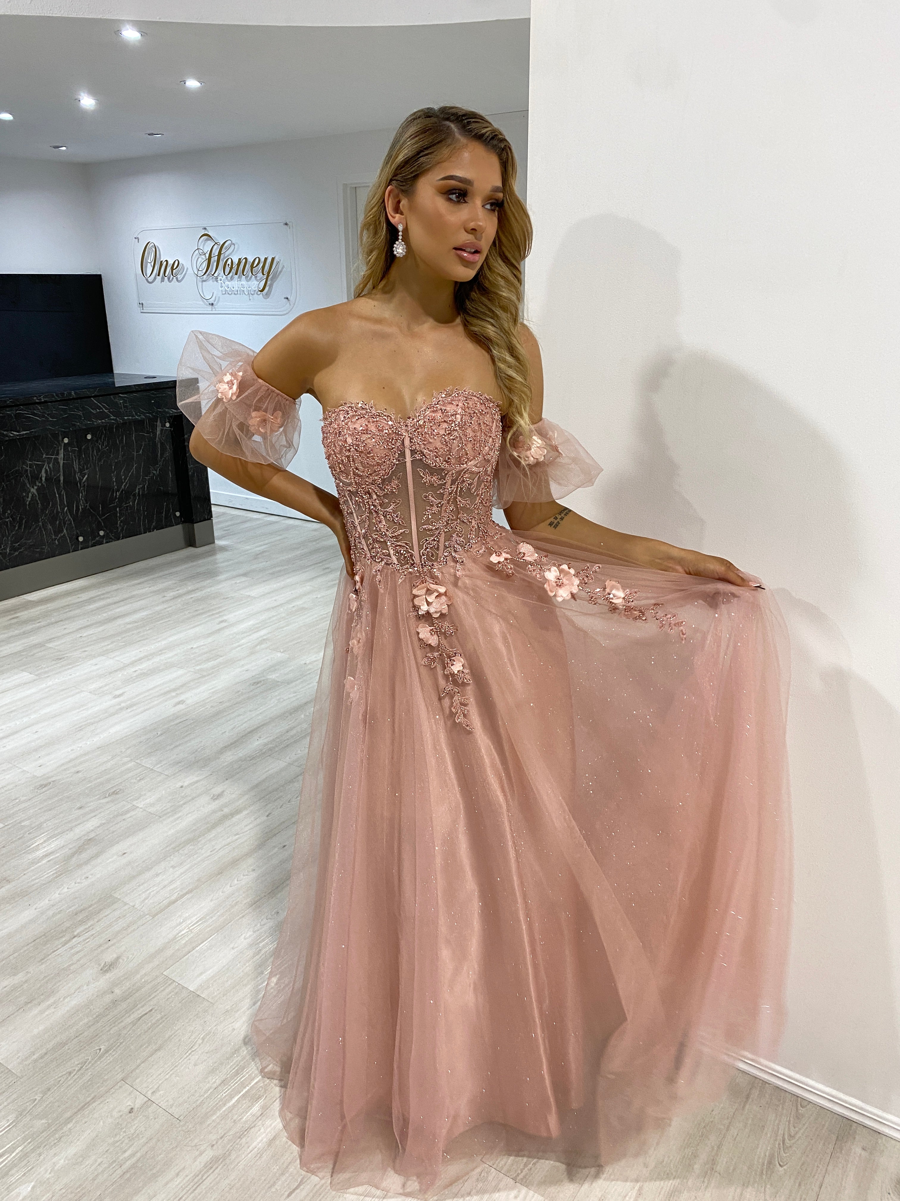 Honey Couture BLOOM Blush Pink Bustier Lace Applique Tulle Formal Dress