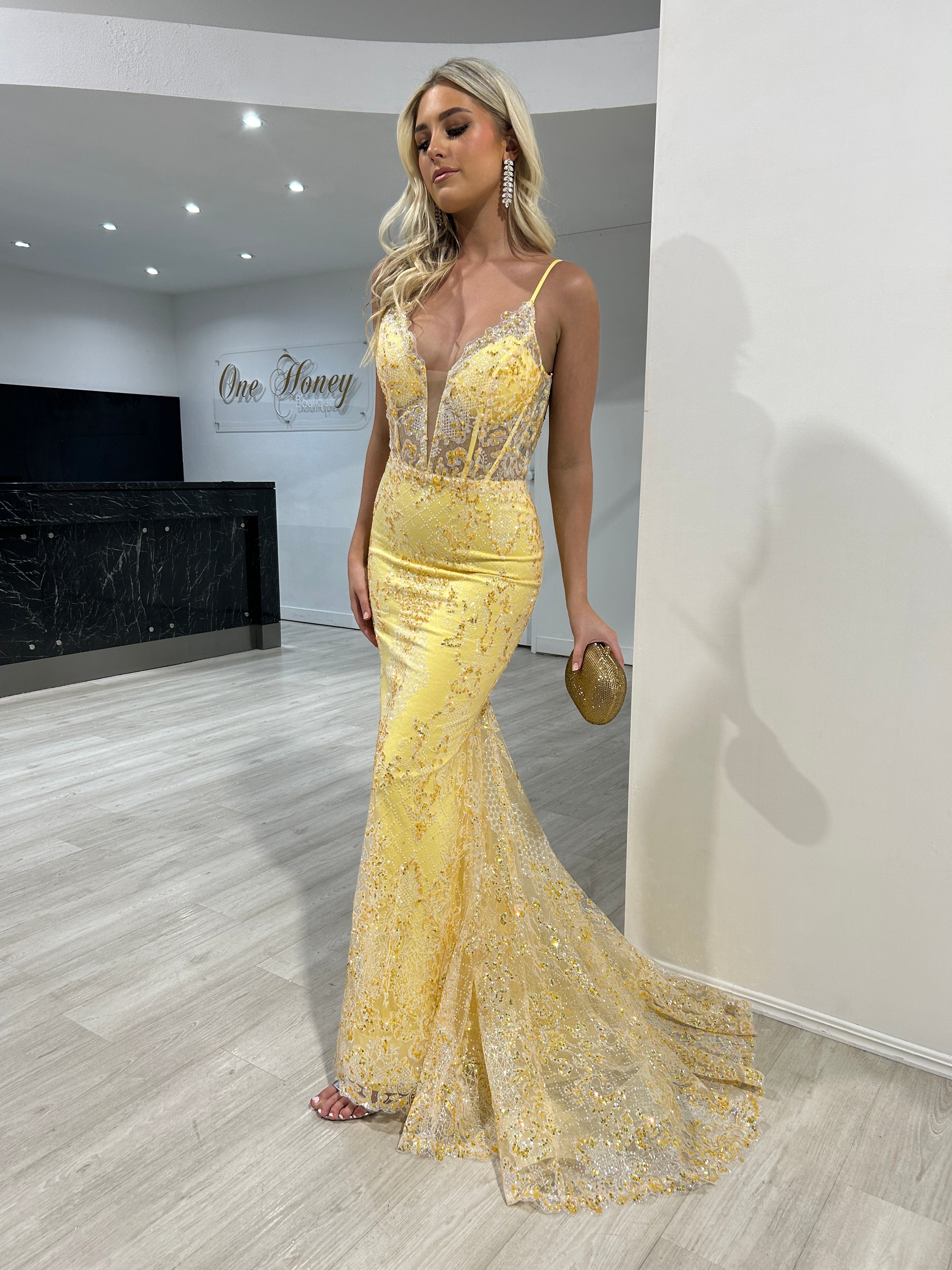 Honey Couture PETRA Yellow Sequin V Front Corset Mermaid Formal Gown Dress