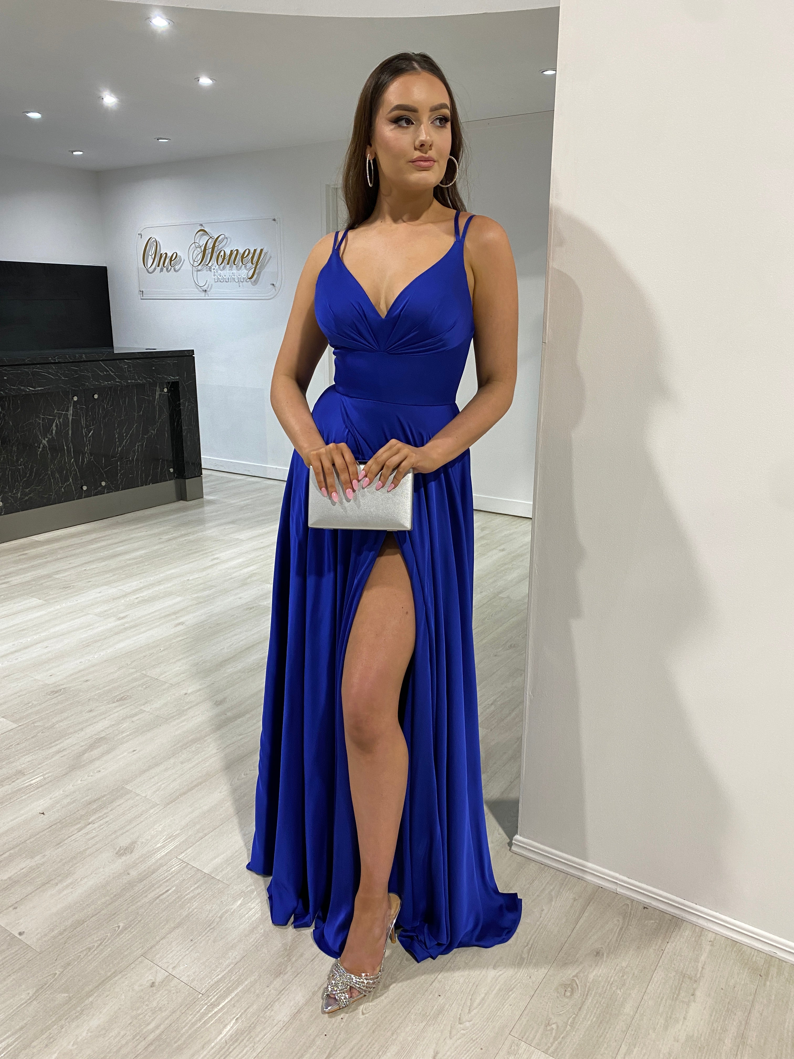 Honey Couture ROSALIA Royal Blue Silky A Line Formal Dress