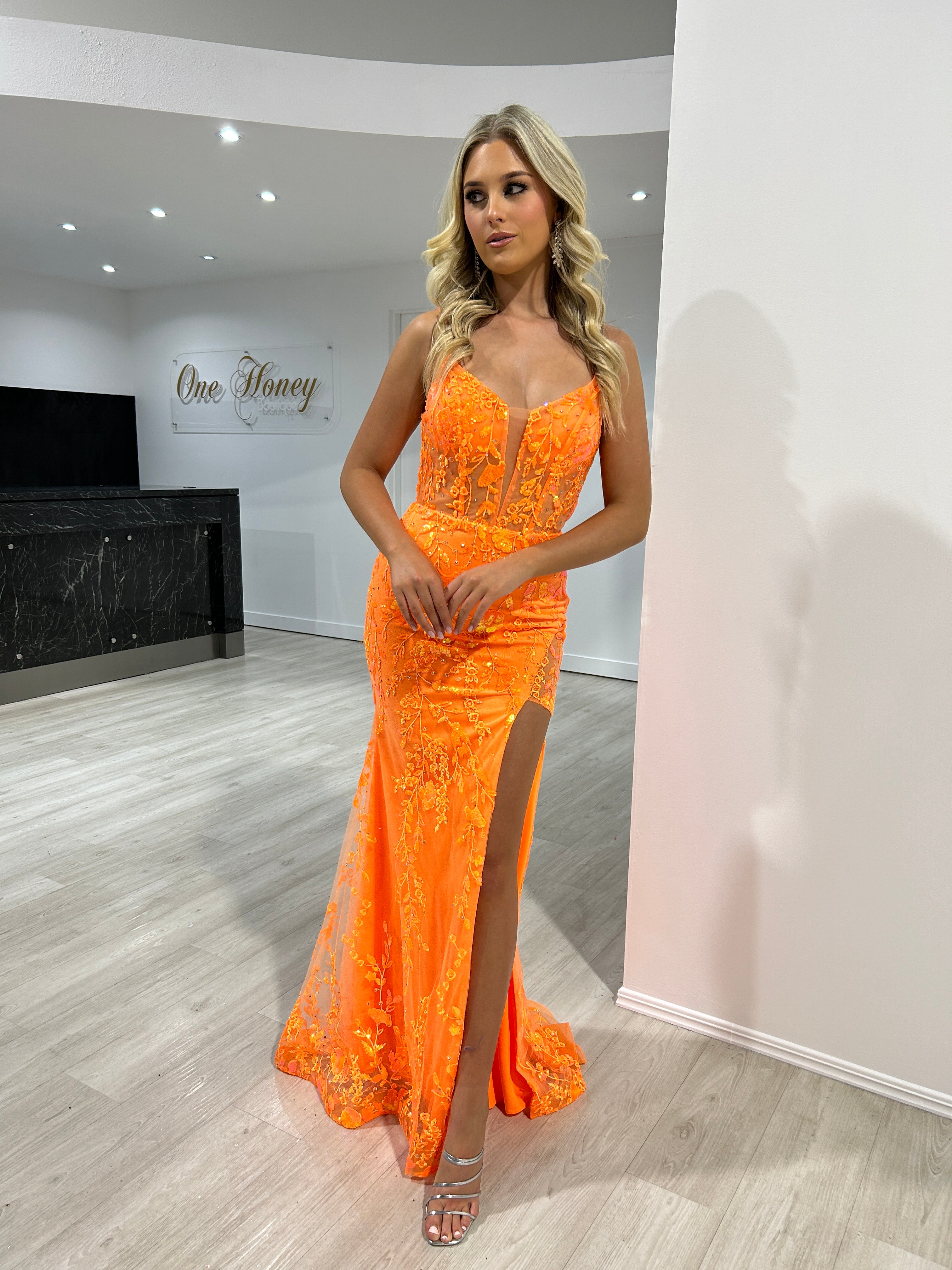 Honey Couture DAKOTA Neon Orange Sequin Lace Applique Leg Split Mermaid Formal Dress