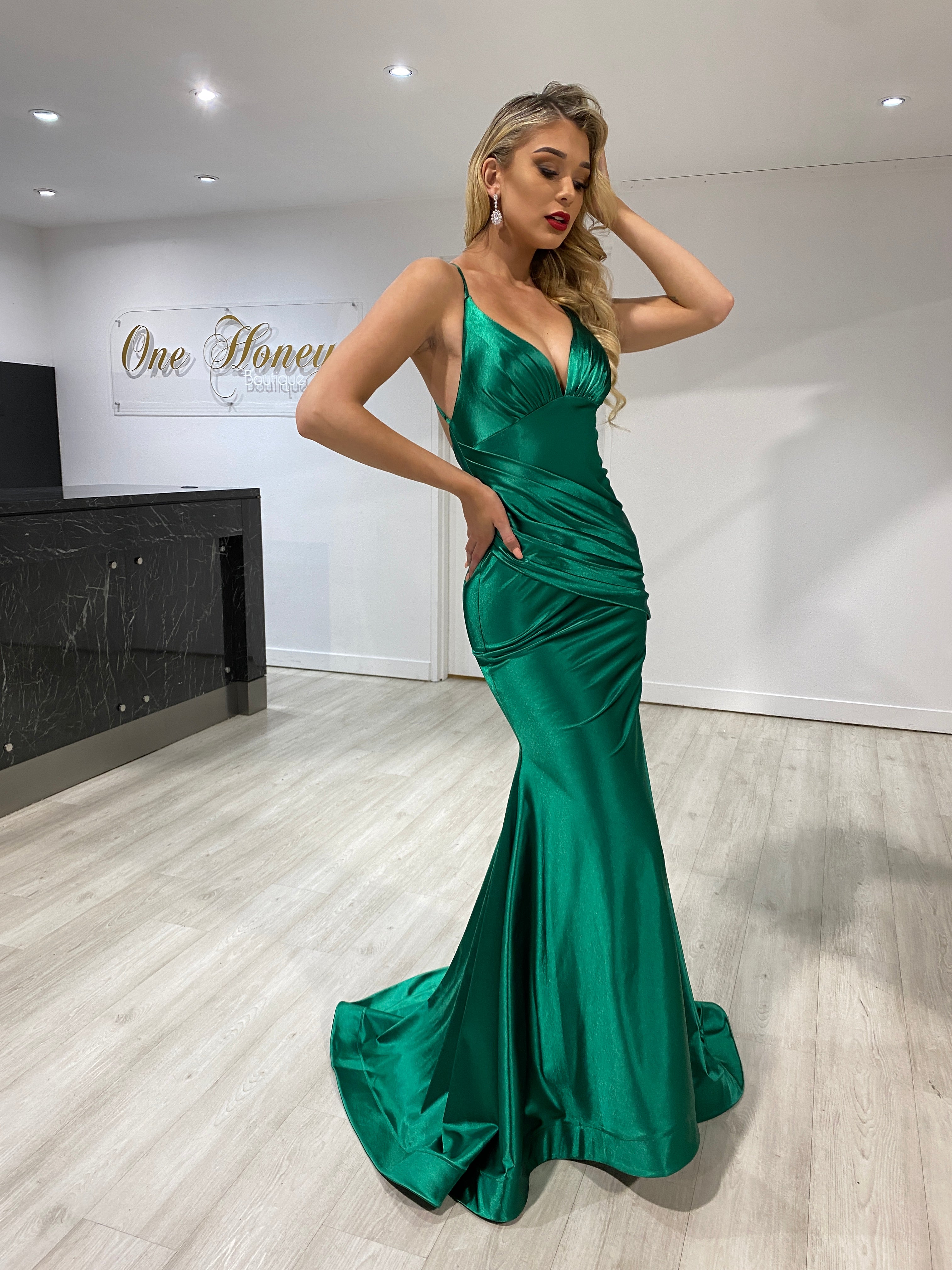 Honey Couture COCO Emerald Green Low Back Bum Ruching Mermaid Formal Dress