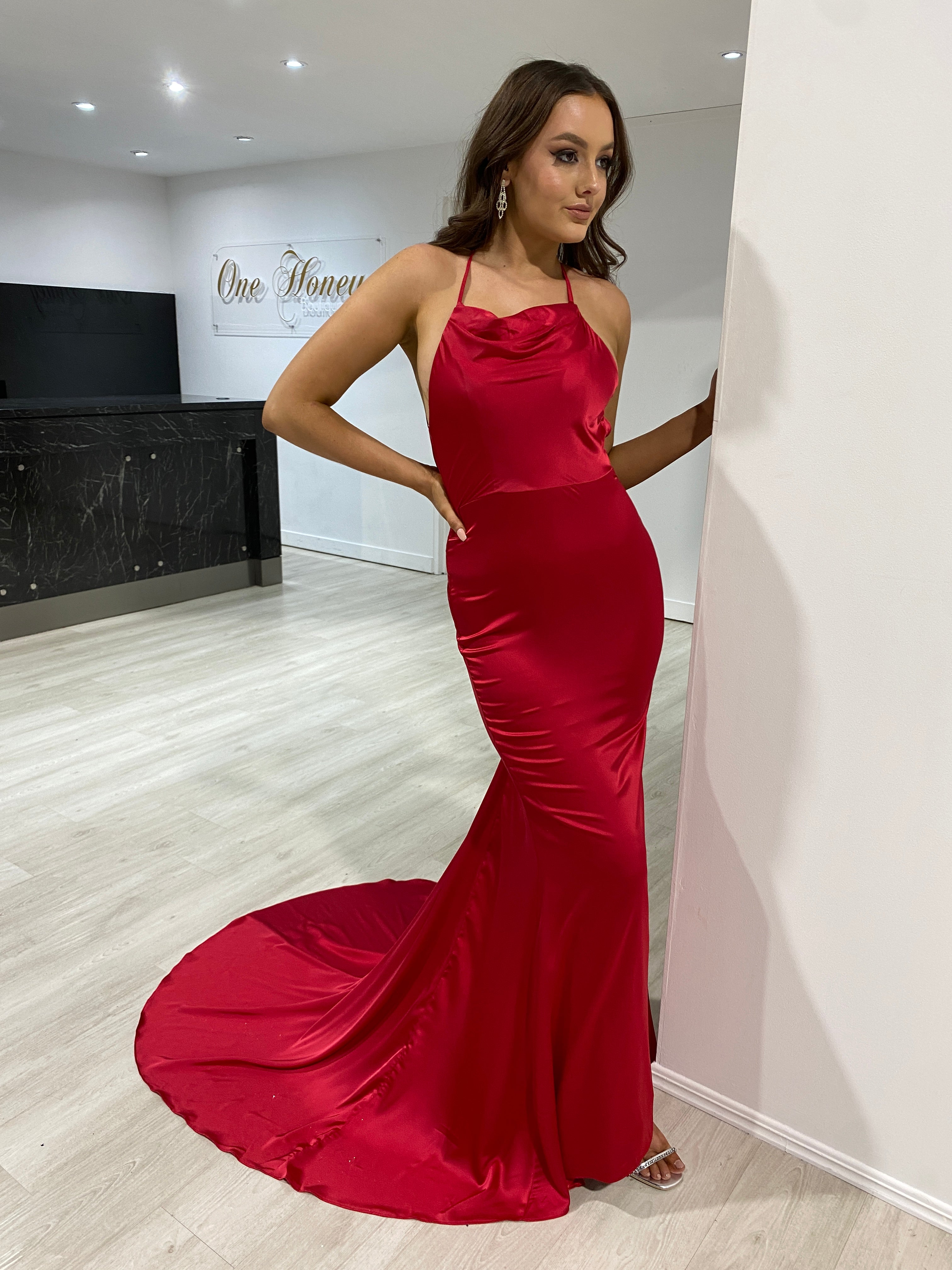 Honey Couture CANDICE Red Silky Low Back Mermaid Formal Dress