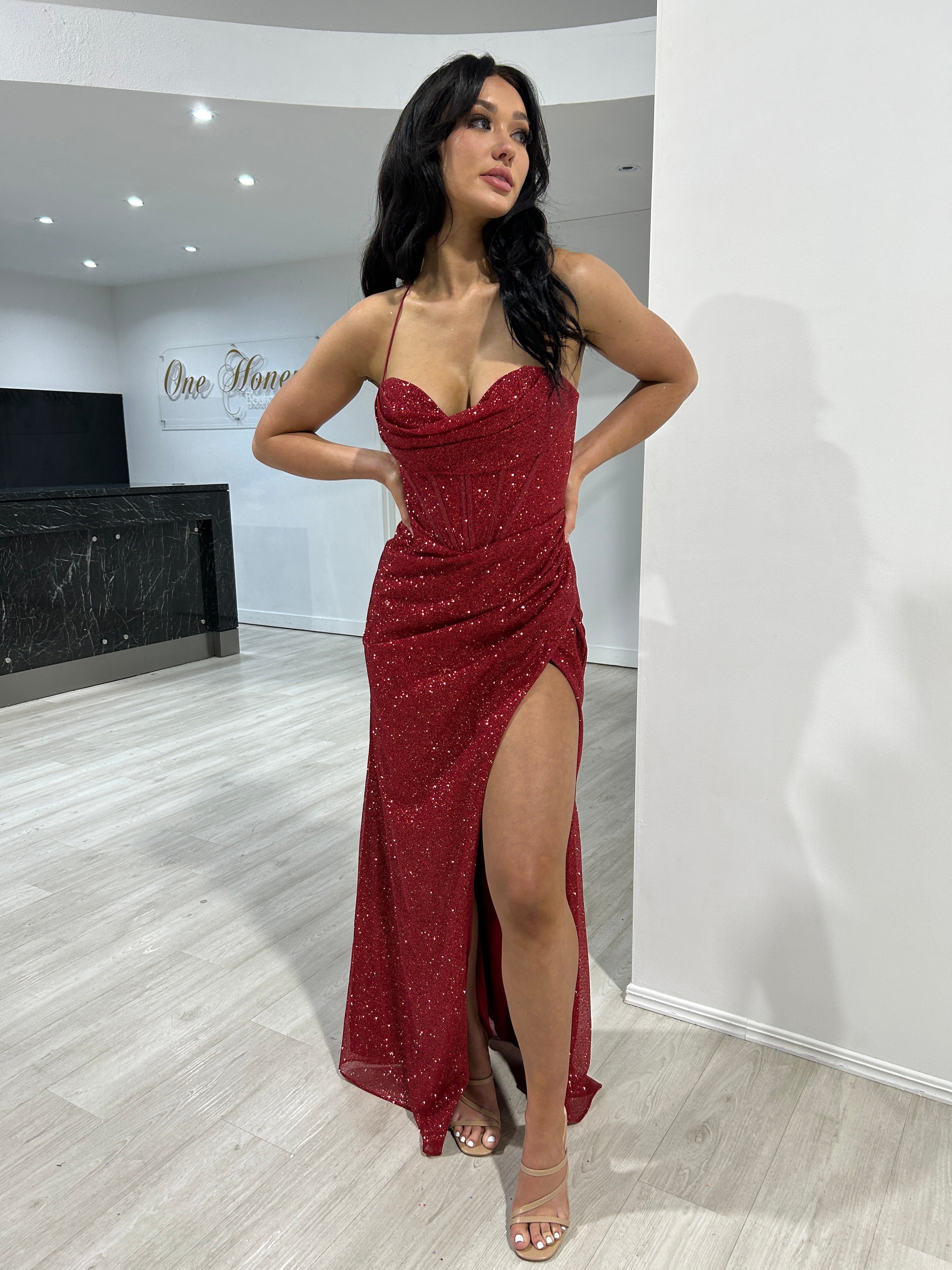 Honey Couture DAYA Red Glitter Corset Bustier Mermaid Formal Gown Dress