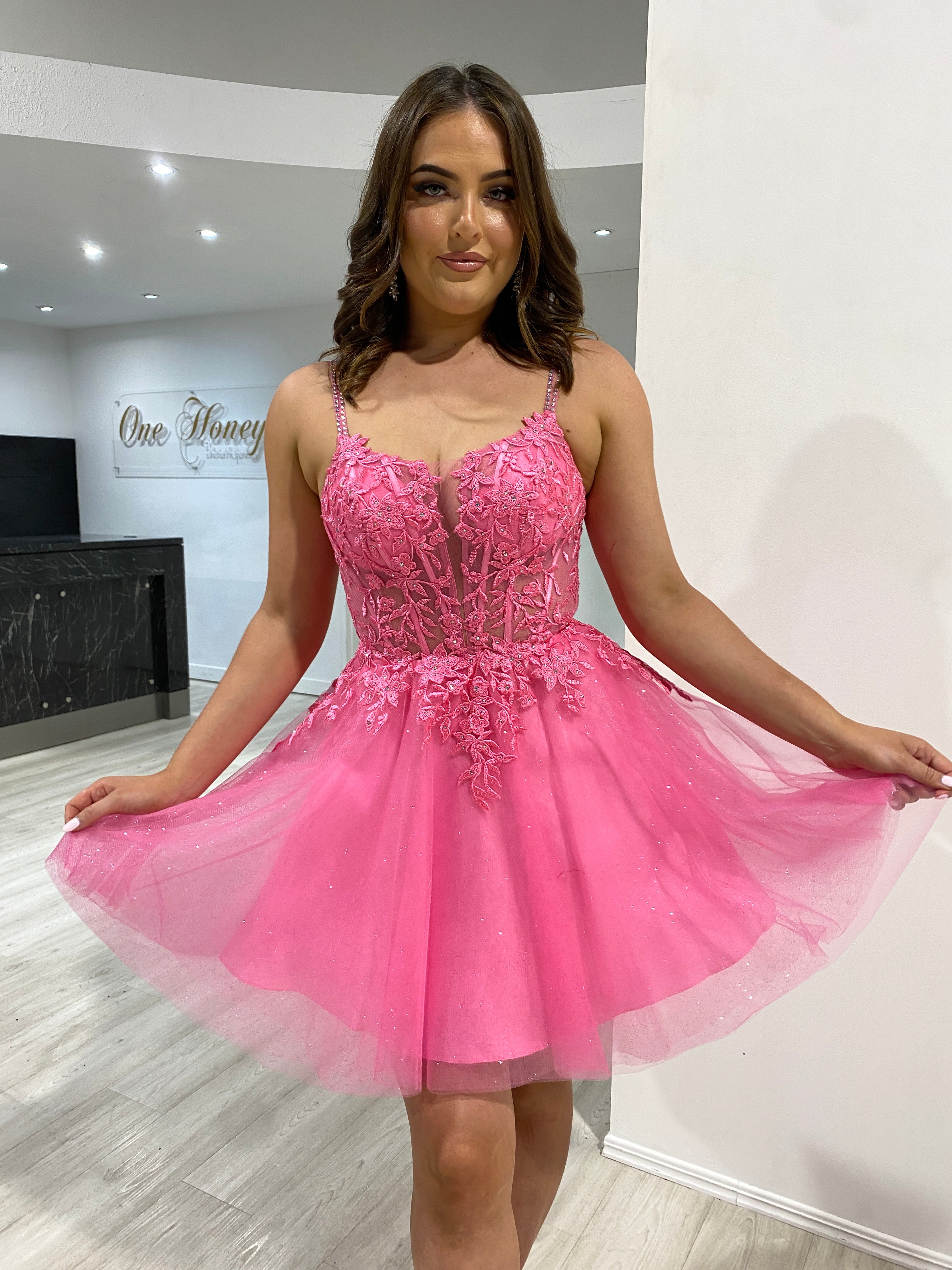 Honey Couture CHERRY Fuchsia Diamanté Beaded Strap Tulle Frilly Party Dress