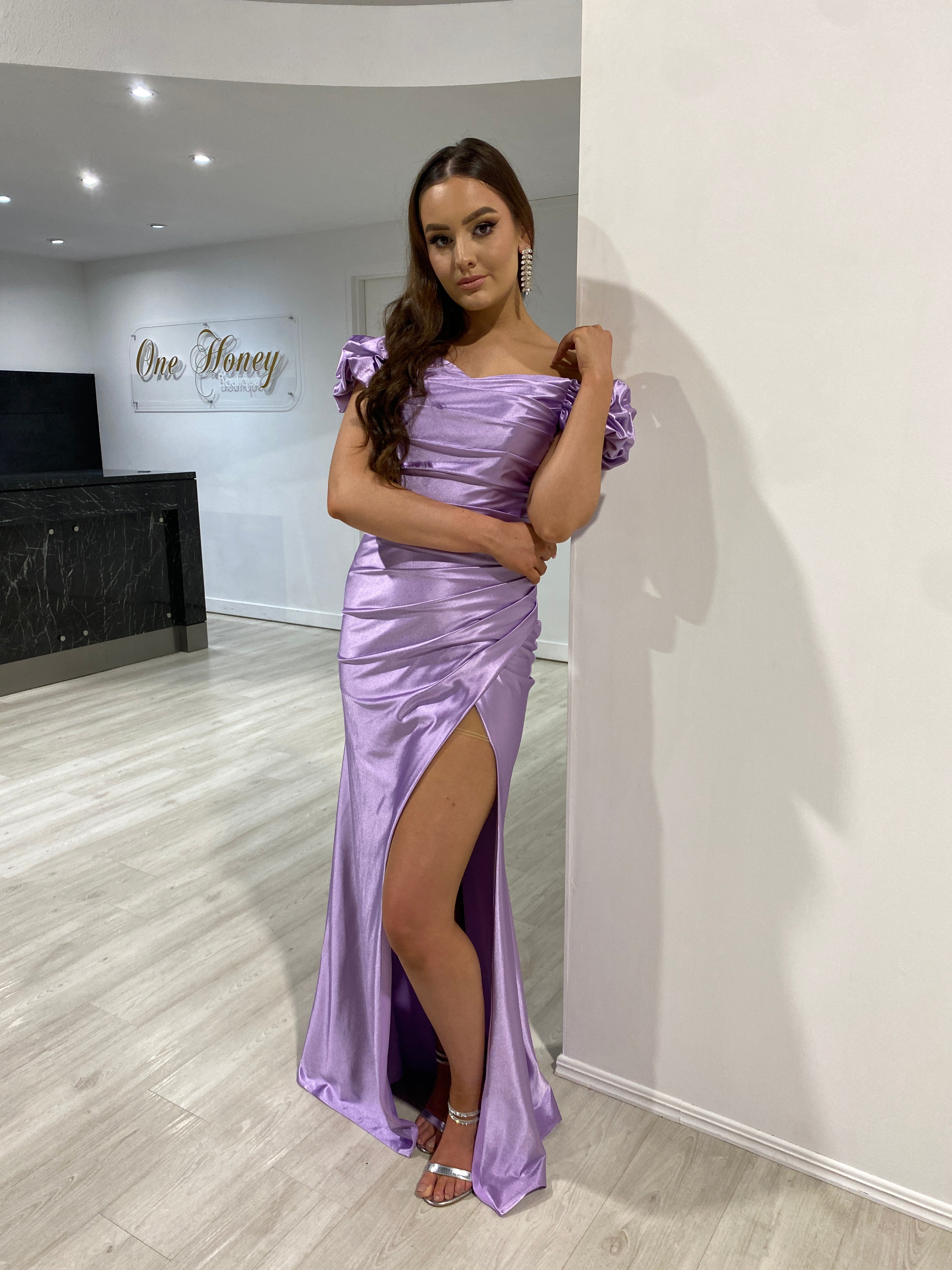 Honey Couture ROBIN Lavender Silky Off Shoulder Formal Dress