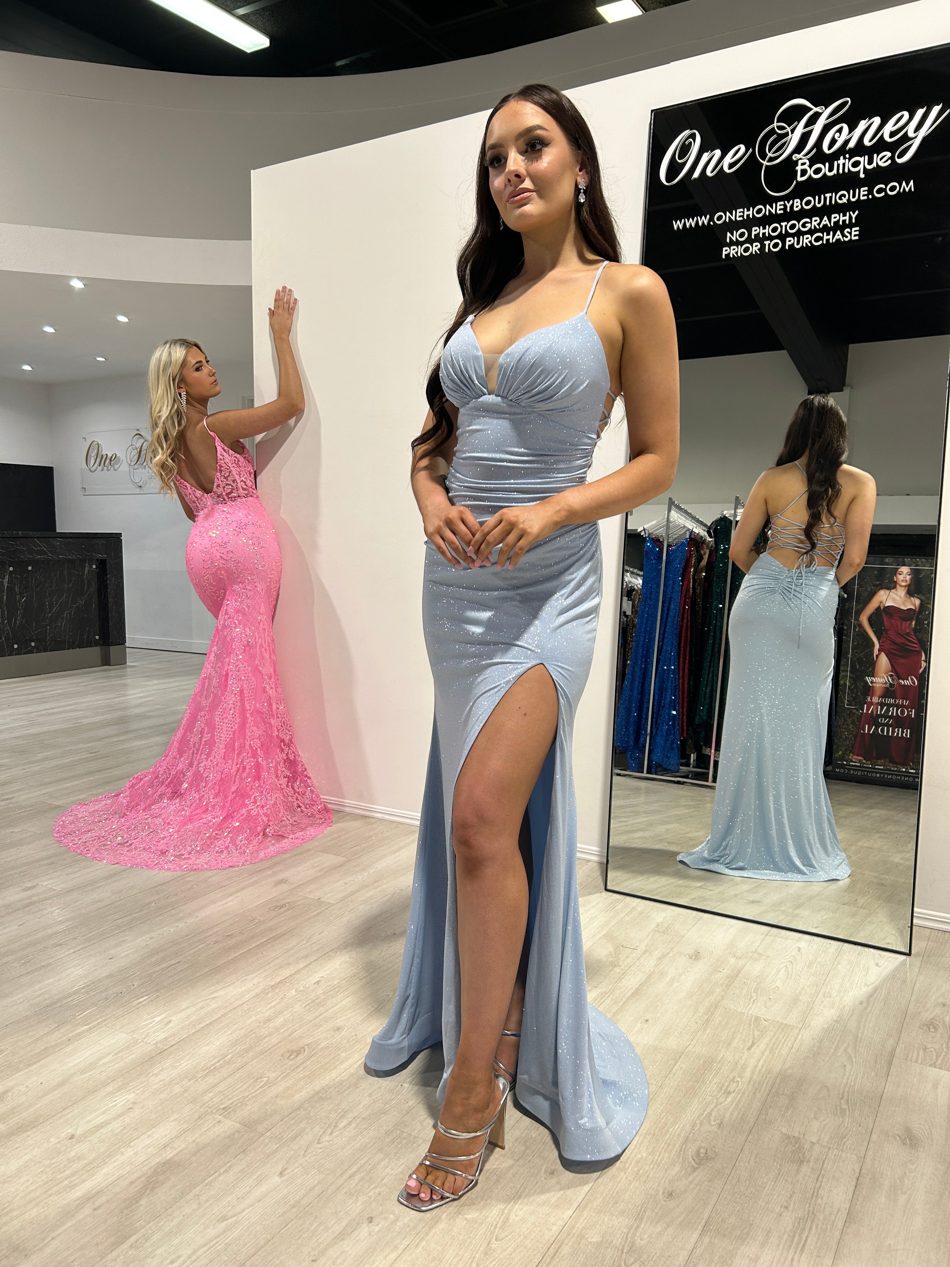 Honey Couture MISTELLA Powder Blue Crystal Feature Mermaid Formal Gown