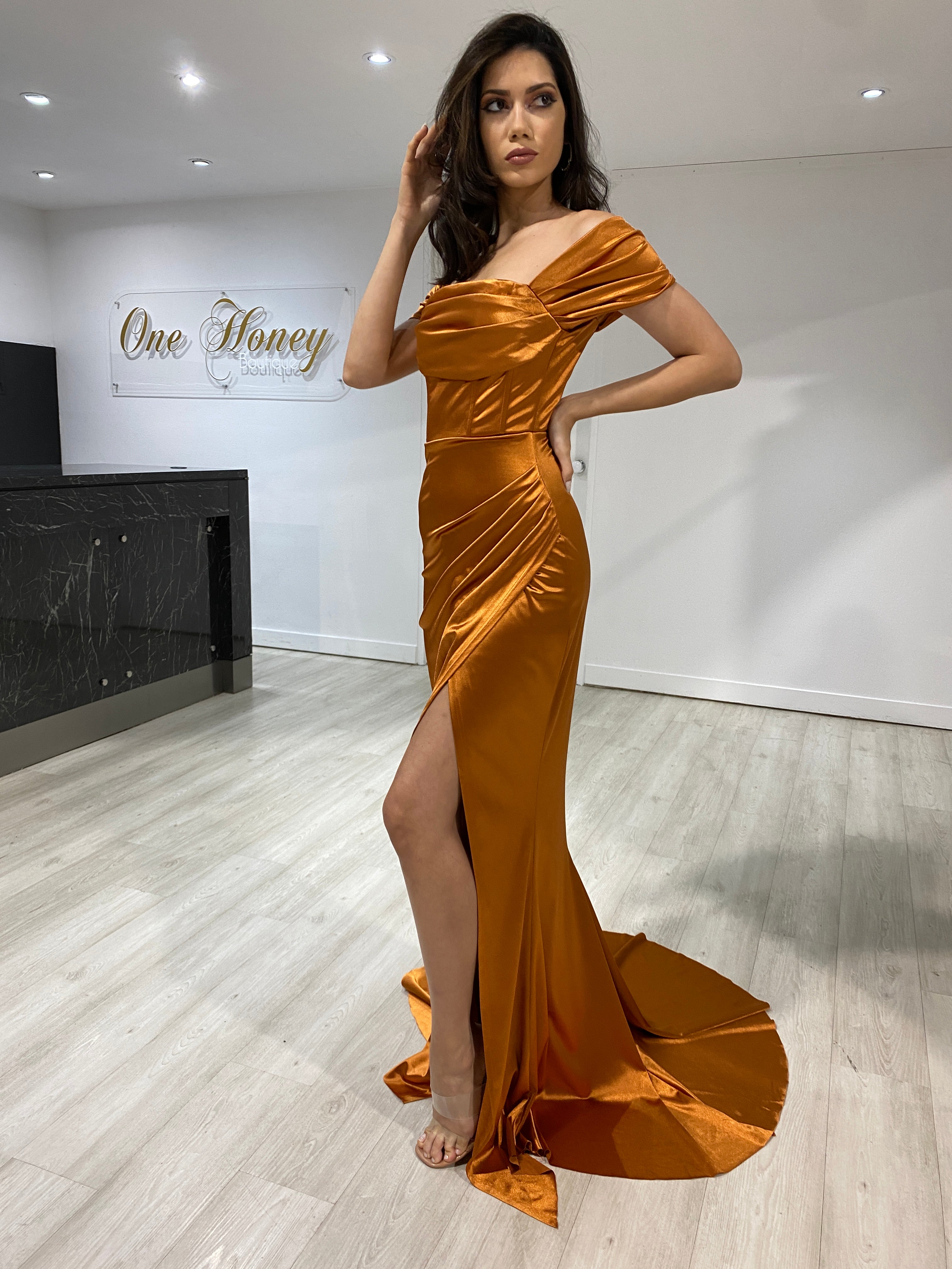 Honey Couture ESMERELDA Burnt Orange Off Shoulder Corset Bustier Formal Dress