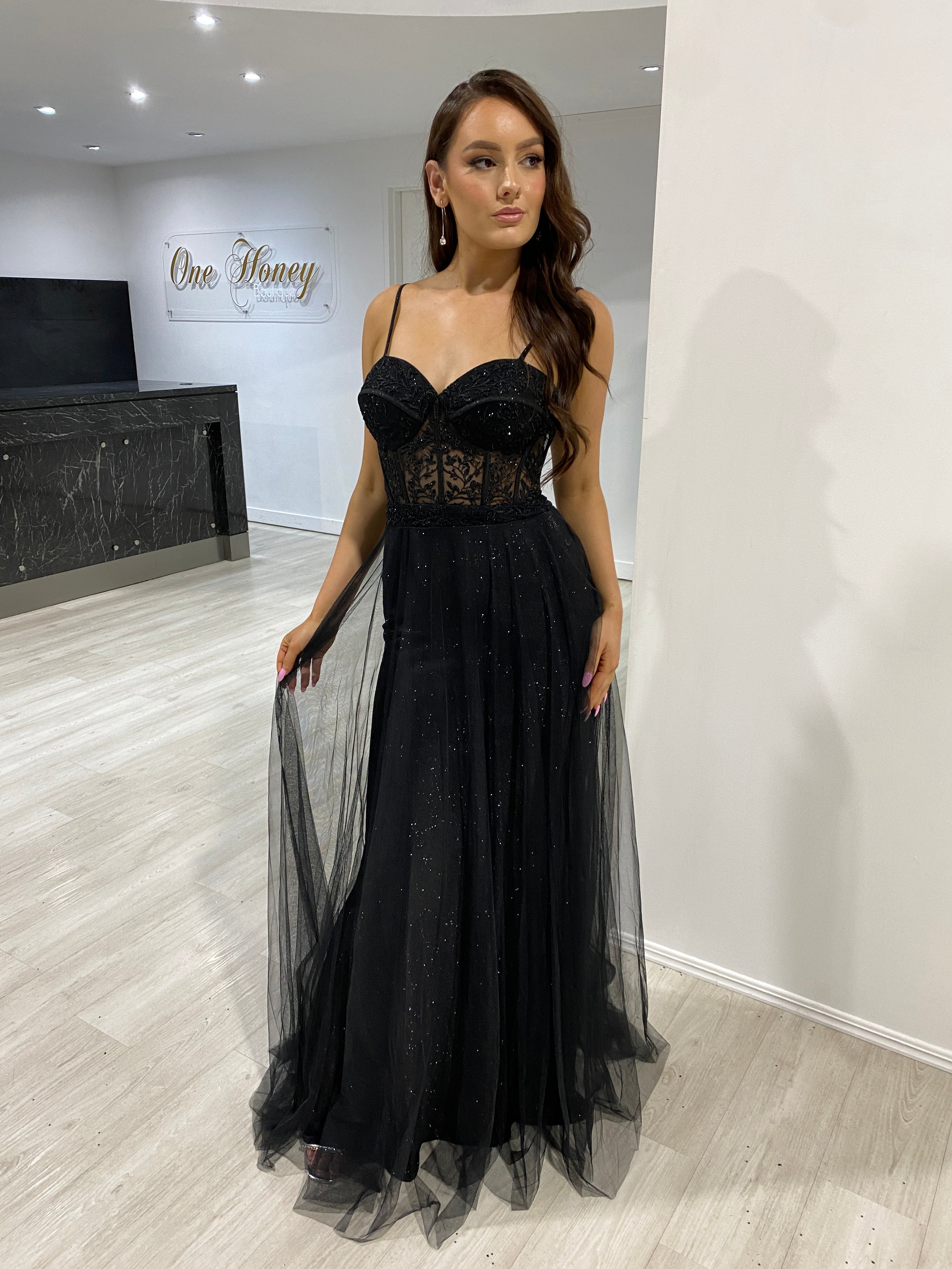 Honey Couture NOELLA Black Glitter Tulle Bustier Formal Dress
